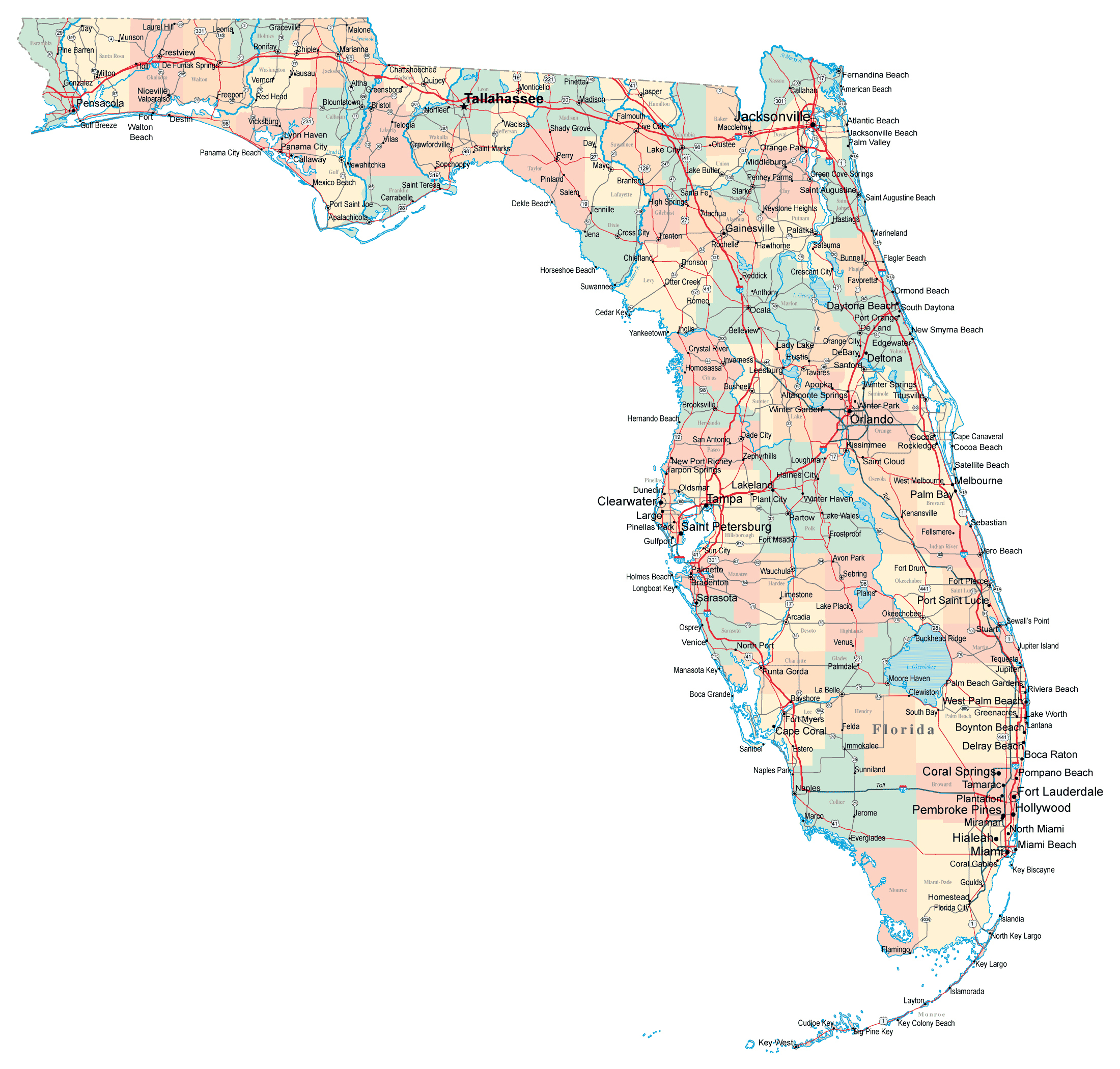 Large Administrative Map Of Florida With Roads And Cities | Vidiani - Large Map Of Florida