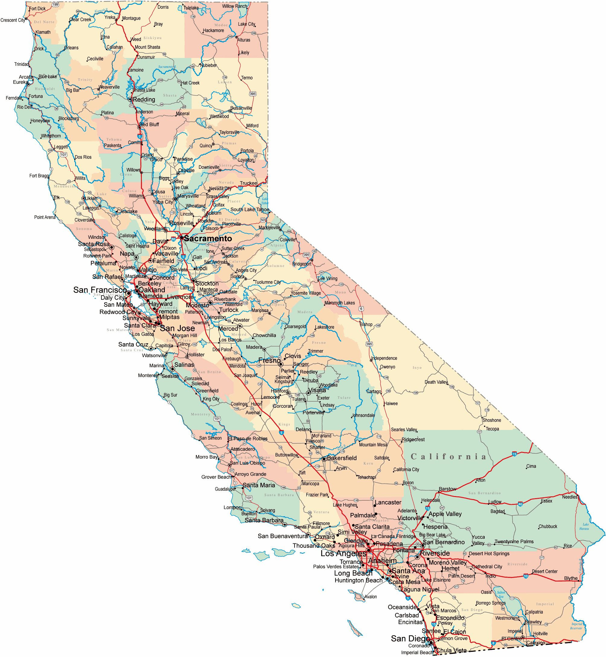 Large California Maps For Free Download And Print | High-Resolution - Map Of Northern California Counties And Cities
