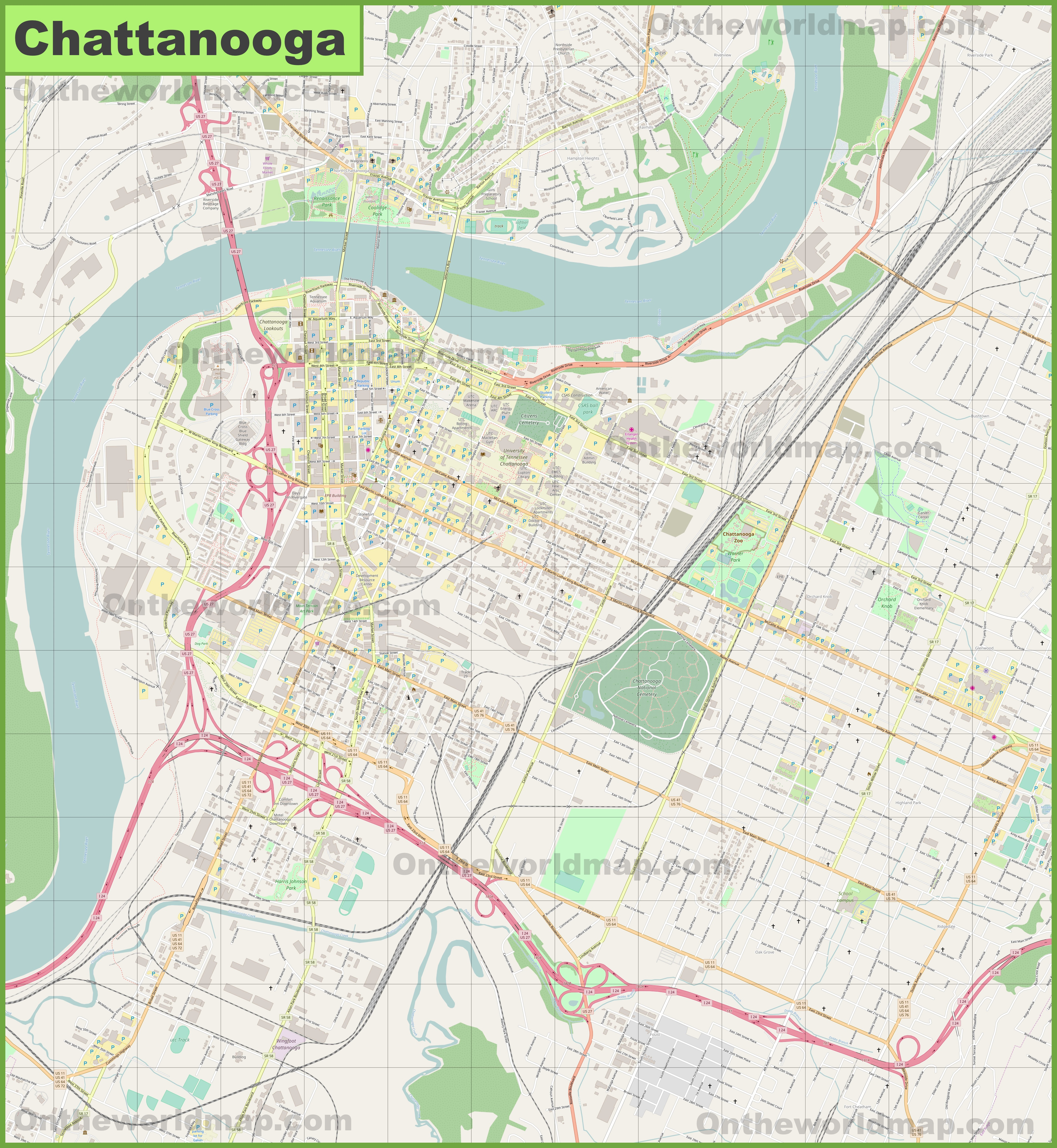 Large Detailed Map Of Chattanooga - Printable Map Of Chattanooga