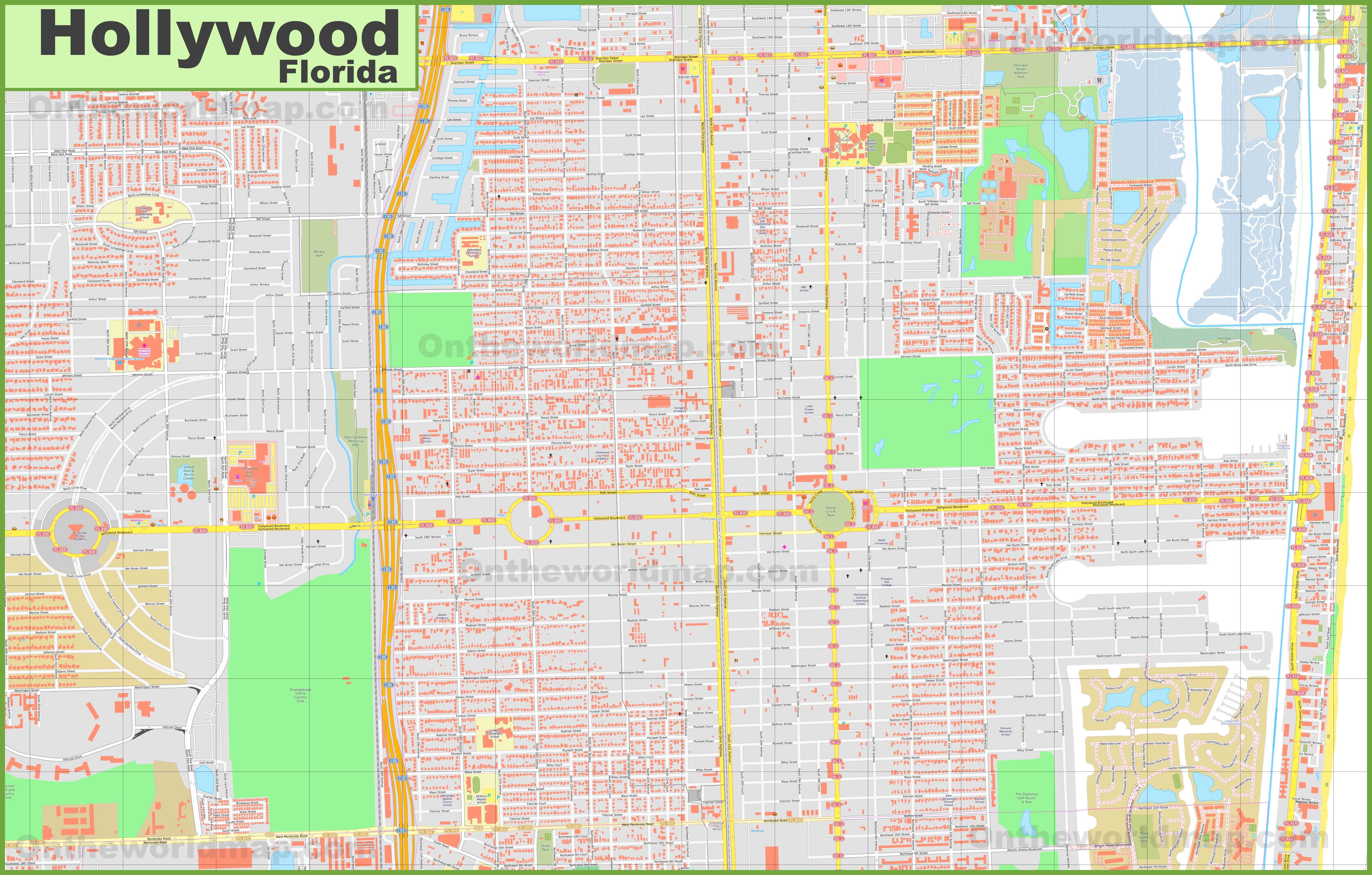 Large Detailed Map Of Hollywood (Florida) - Hollywood Beach Florida Map