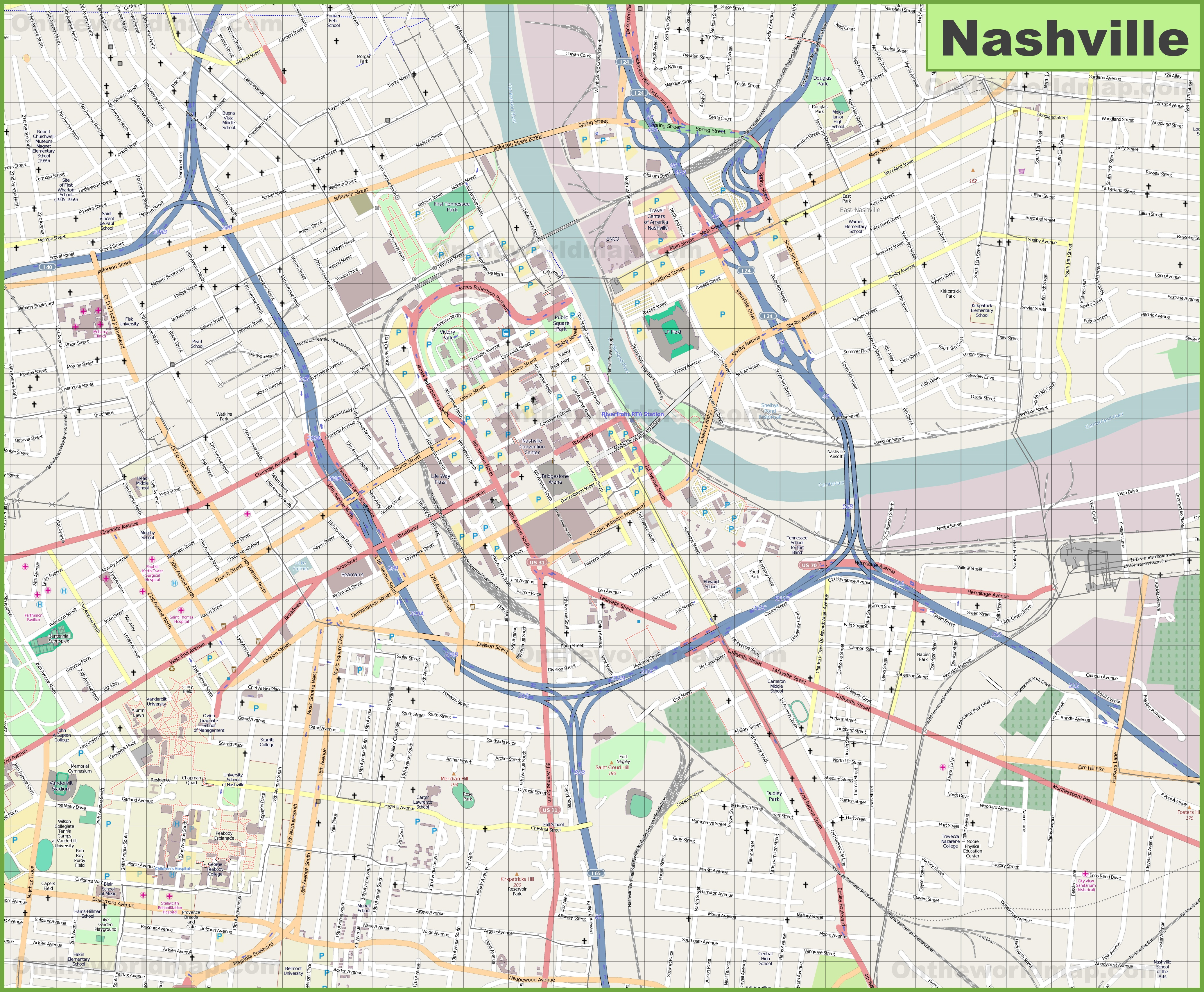Large Detailed Map Of Nashville - Printable Map Of Nashville