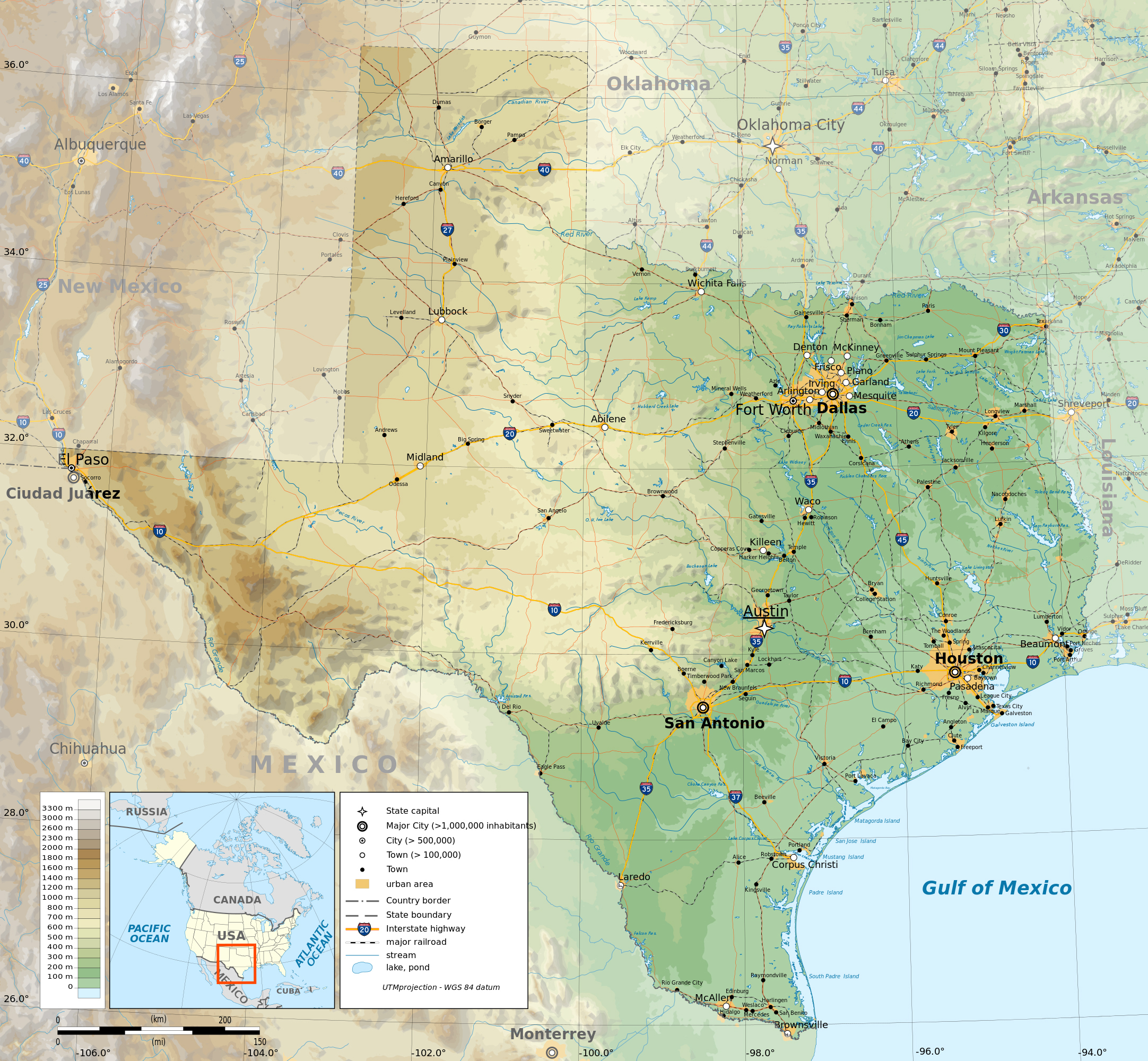Large Detailed Physical Map Of The State Of Texas With Roads - Large Texas Map