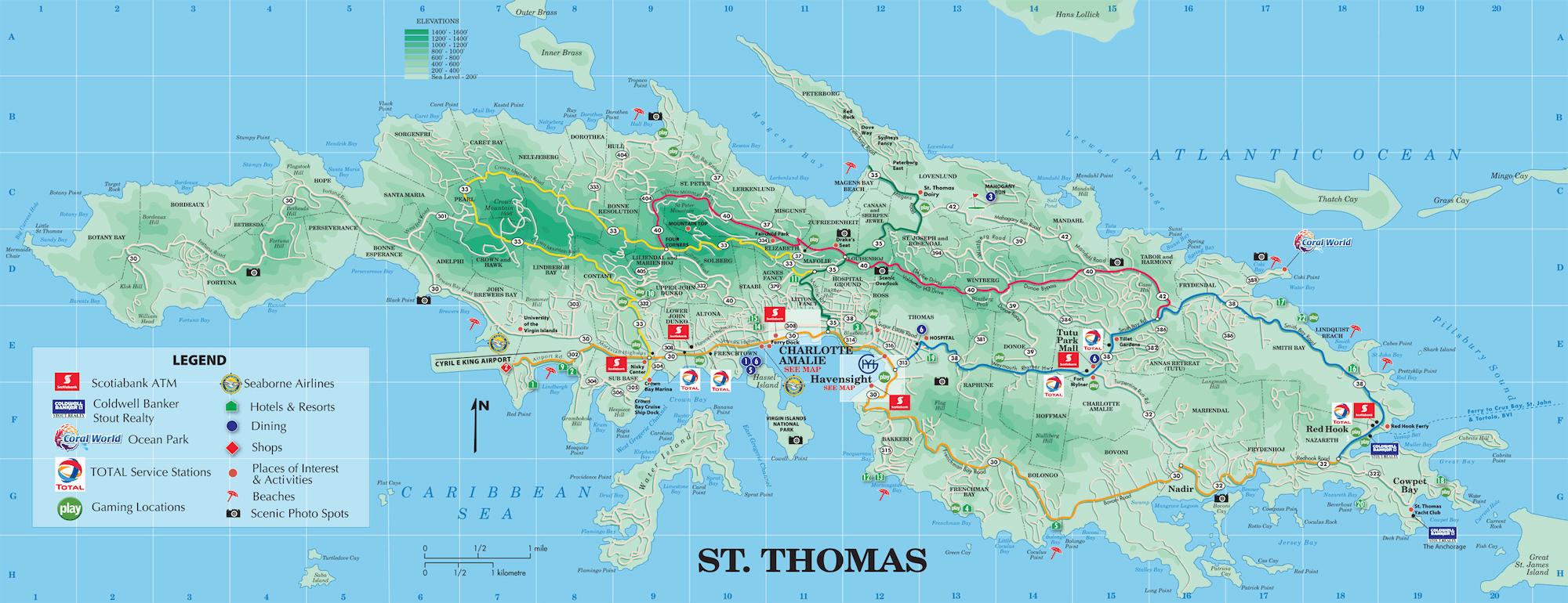 Large Detailed Road And Tourist Map Of St. Thomas U.s. Virgin - Printable Map Of St John Usvi