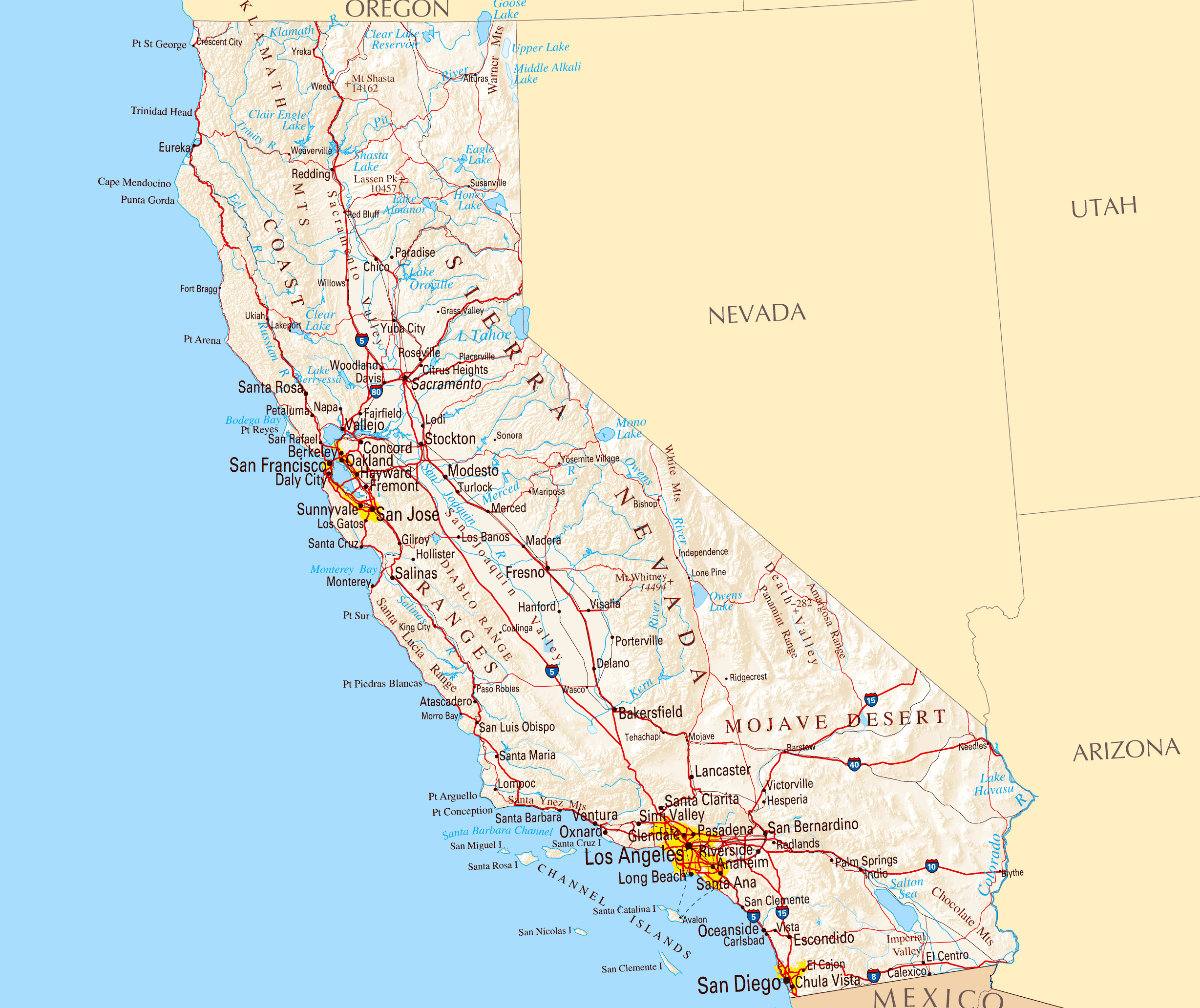 Large Road Map Of California California Map With Cities Printable - California Beach Cities Map