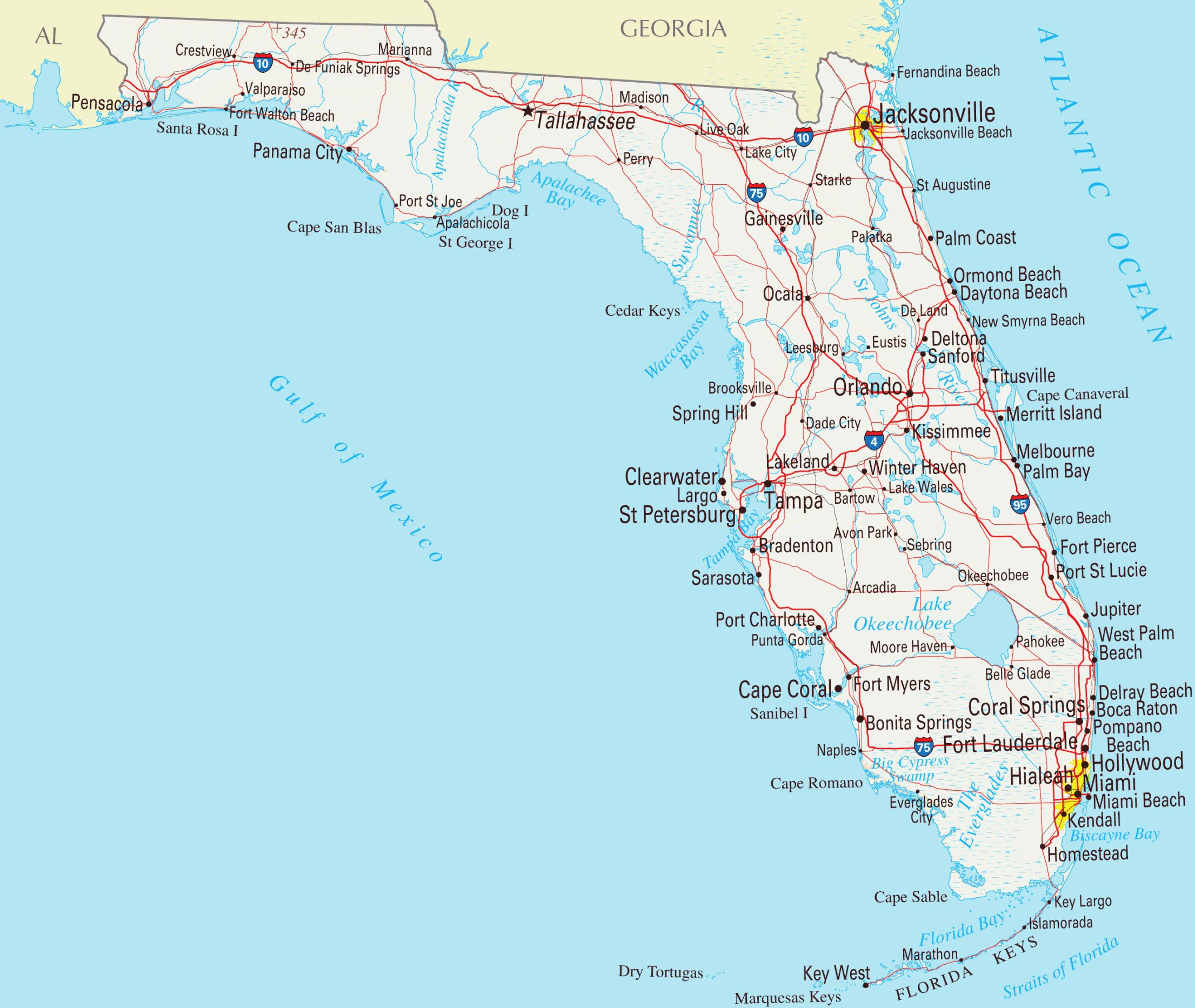 Large Roads And Highways Map Of Florida State With Cities Vidiani - Printable Map Of Florida Gulf Coast