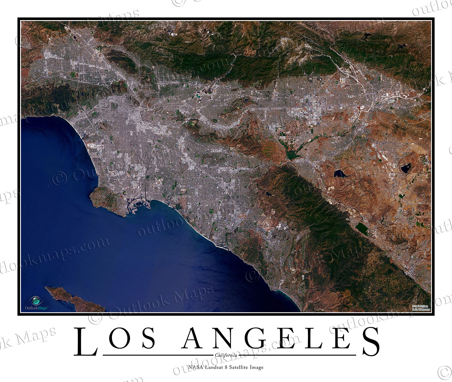 Los Angeles, Ca Area Satellite Map Print | Aerial Image Poster - Satellite Map Of California