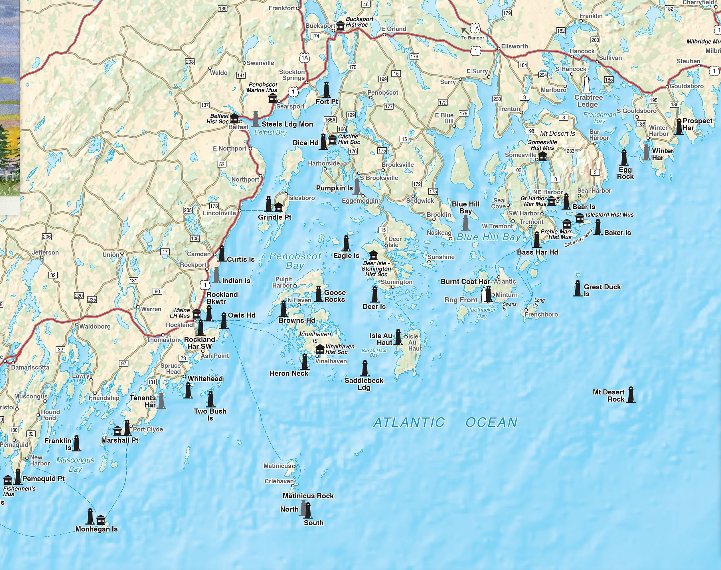 Maine Coast Line Map And Travel Information | Download Free Maine - Printable Map Of Maine Lighthouses