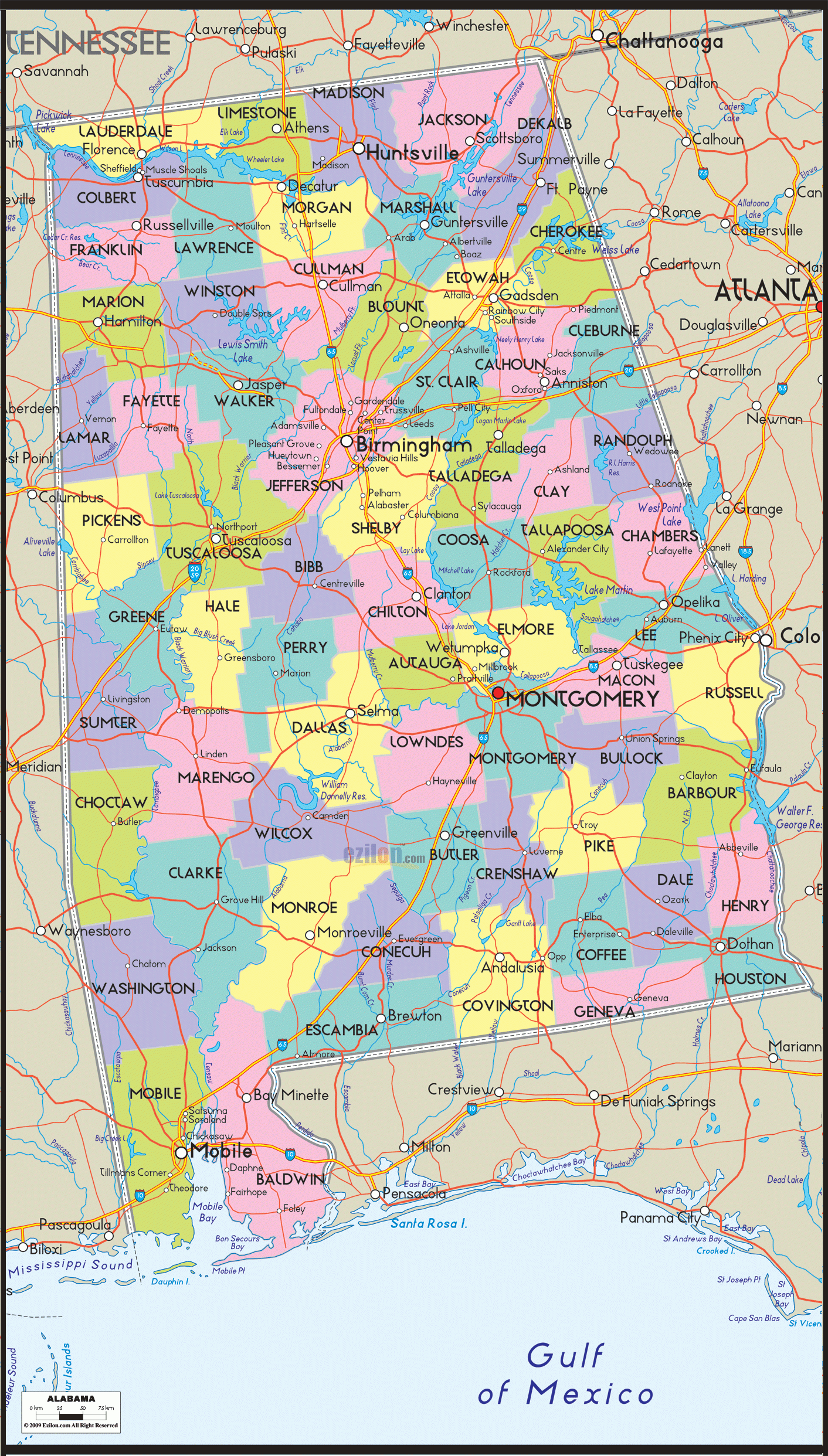Map Of Alabama - Includes City, Towns And Counties. | United States - Alabama Florida Coast Map