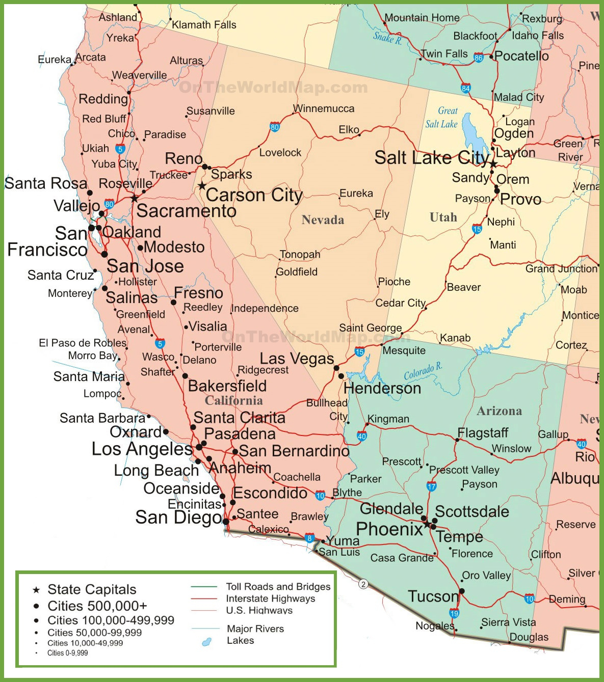 Map Of Arizona, California, Nevada And Utah - Road Map Of California And Nevada