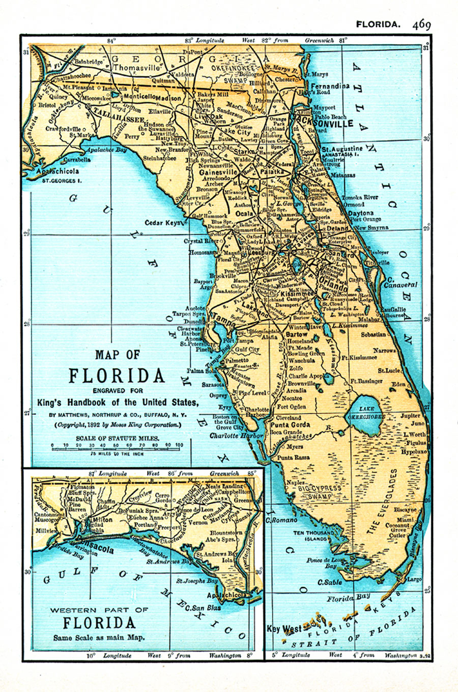 Map Of Florida Engraved For King&amp;#039;s Handbook Of The United States - Jasper Florida Map