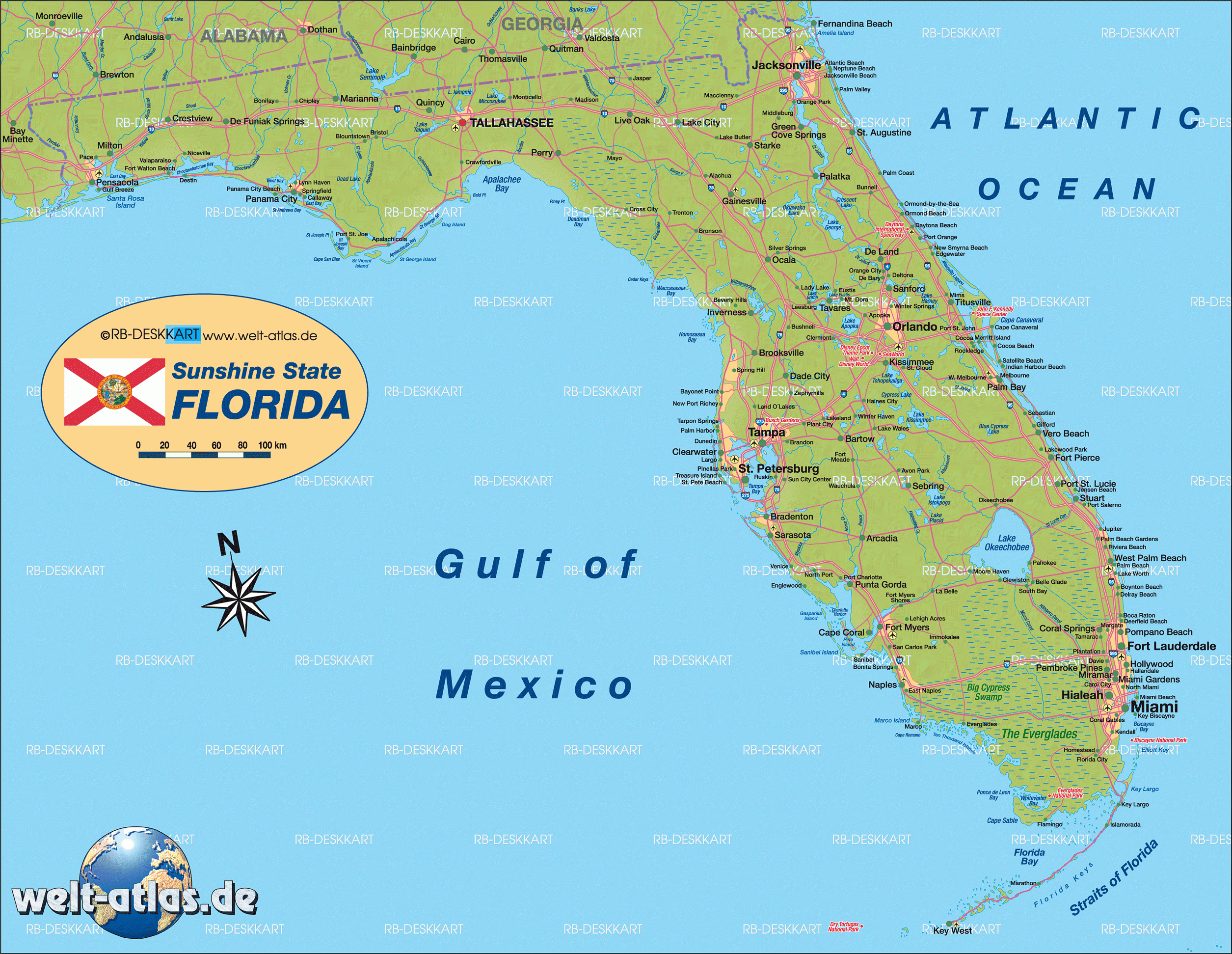 Map Of Florida (State / Section In United States, Usa) | Welt-Atlas.de - Florida Section Map