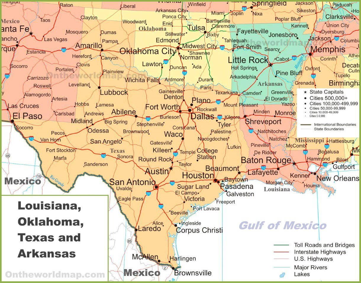 Map Of Louisiana, Oklahoma, Texas And Arkansas - Texas Arkansas Map