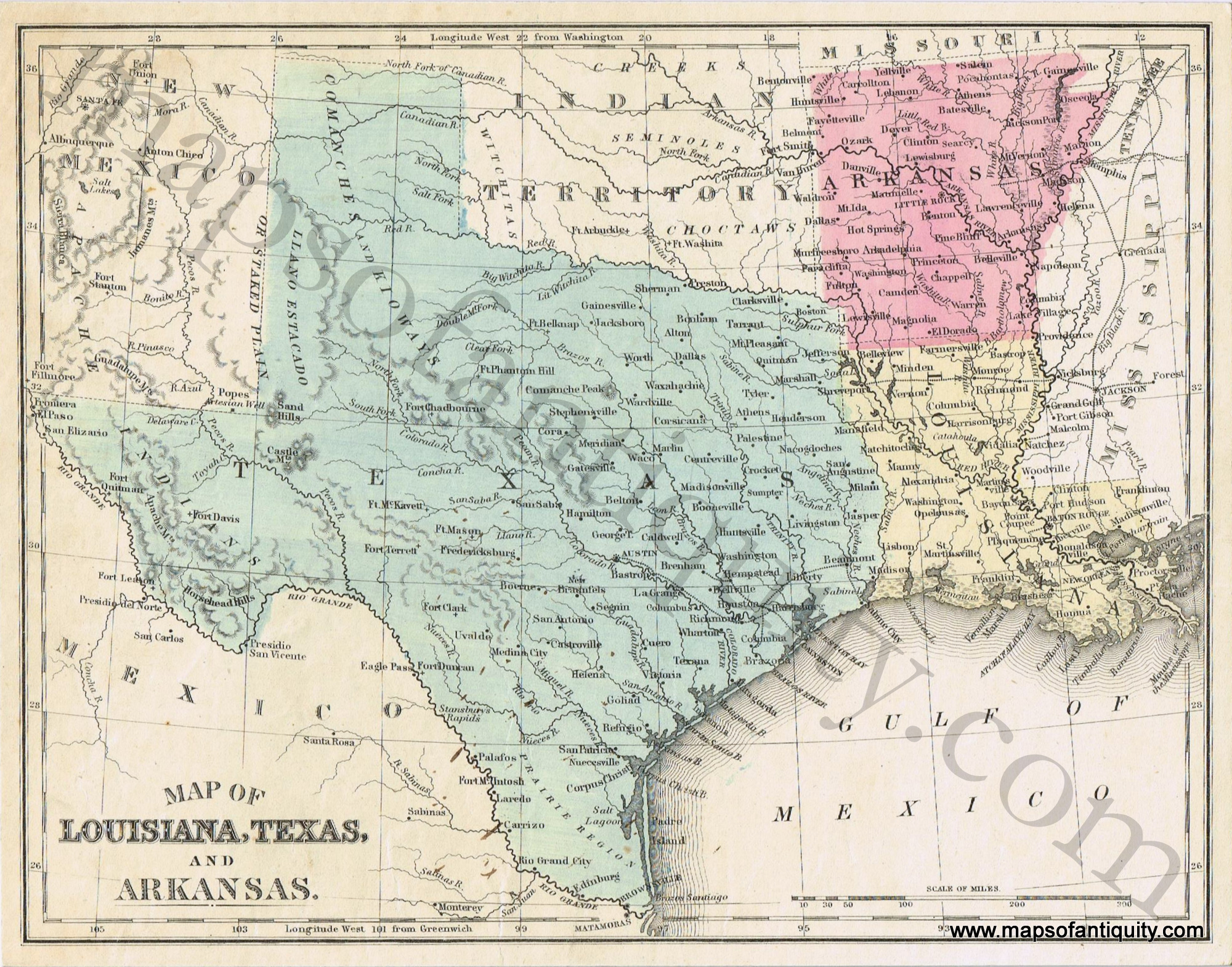 Map Of Louisiana, Texas, And Arkansas *****sold***** - Antique Maps - Map Of Texas And Arkansas