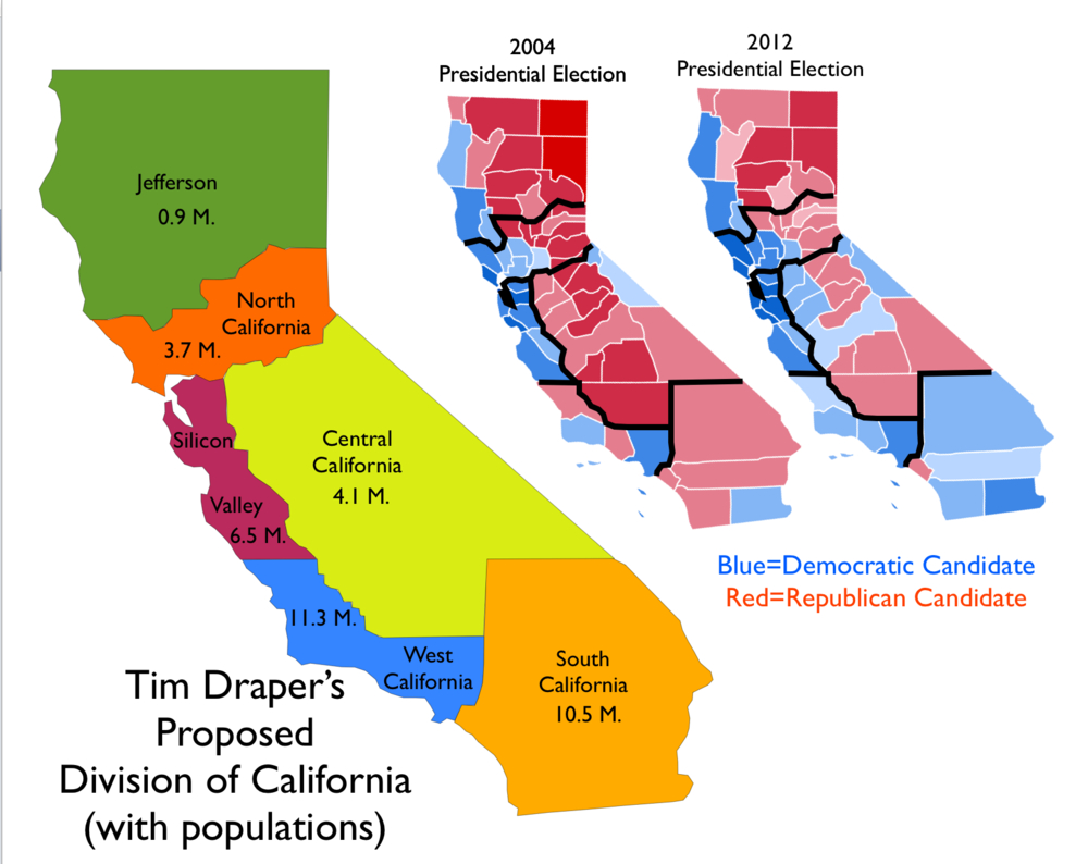 Map Of Proposal To Divide California Into Six States [1000X794 - New California Map 3 States