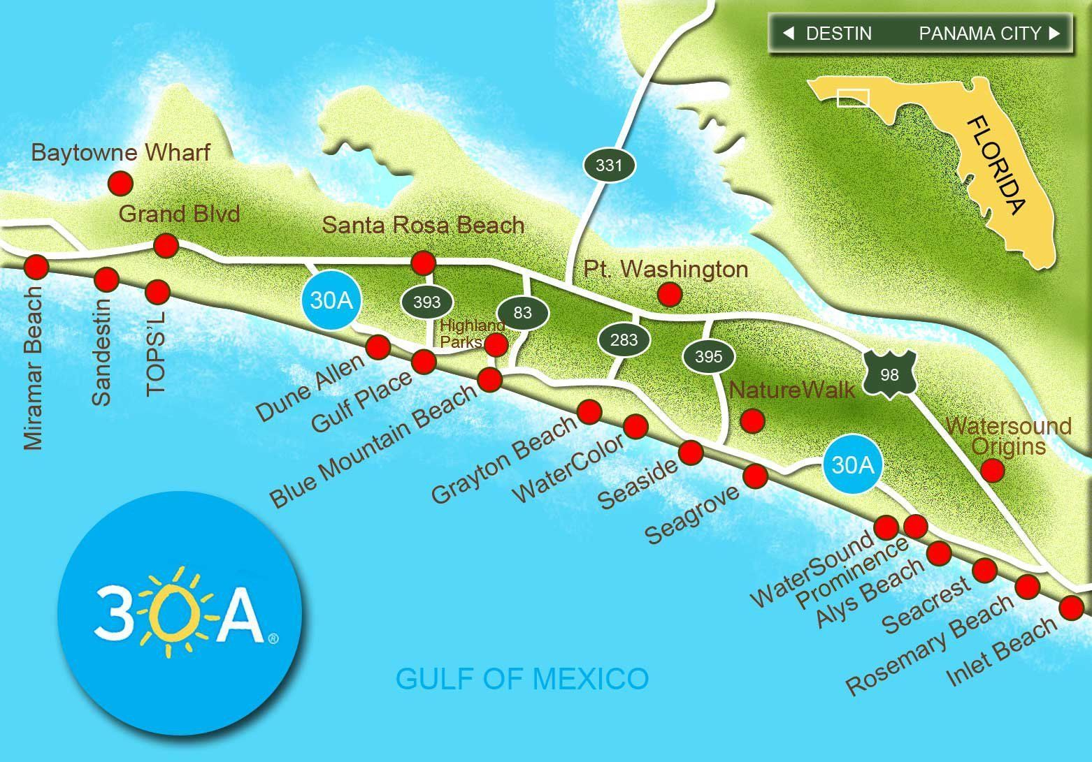 Map Of Scenic 30A And South Walton, Florida - 30A Panhandle Coast - 30A Florida Map
