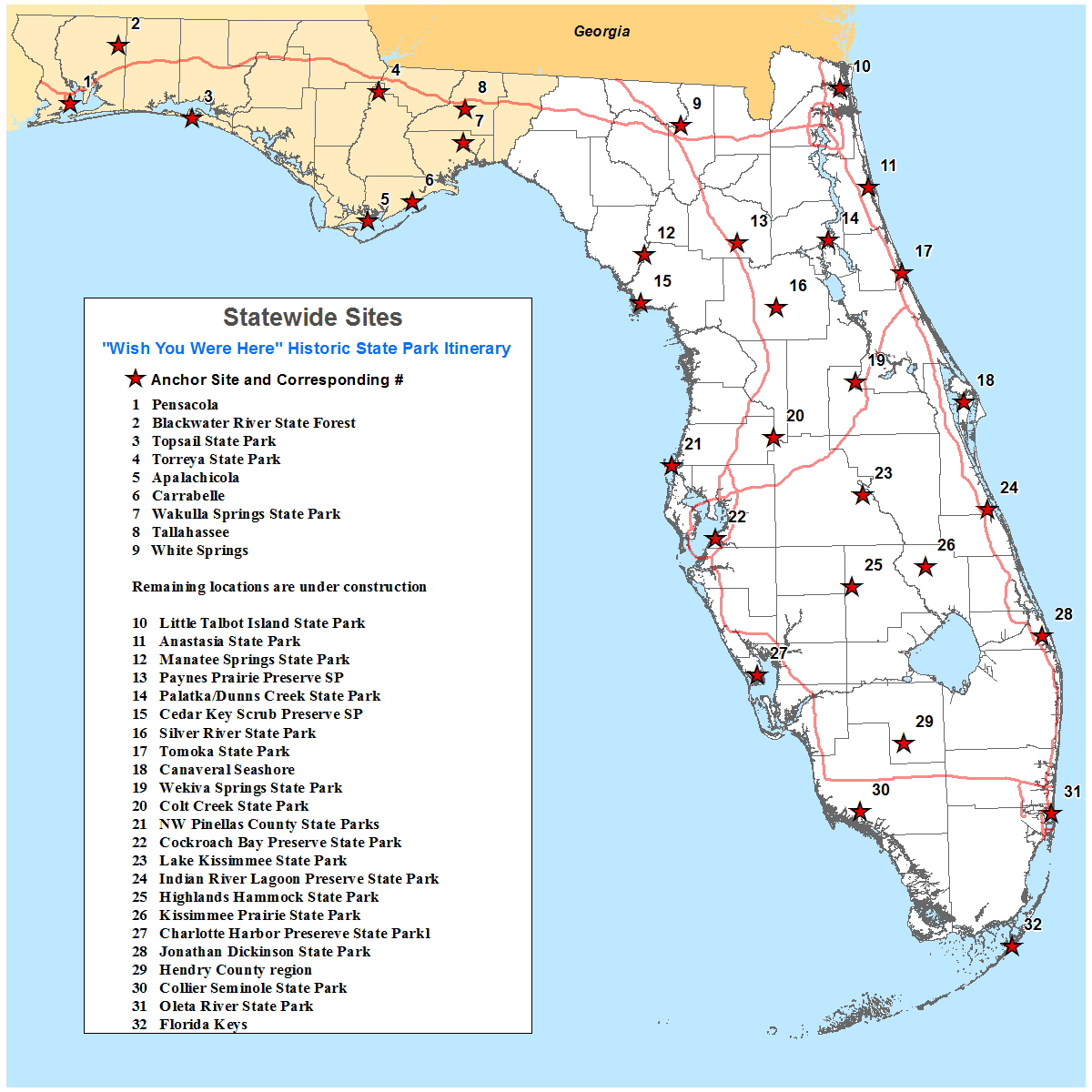 Map Of Statewide Itinerary Guide. Numbers Are Locations On Map. Some - Carrabelle Island Florida Map