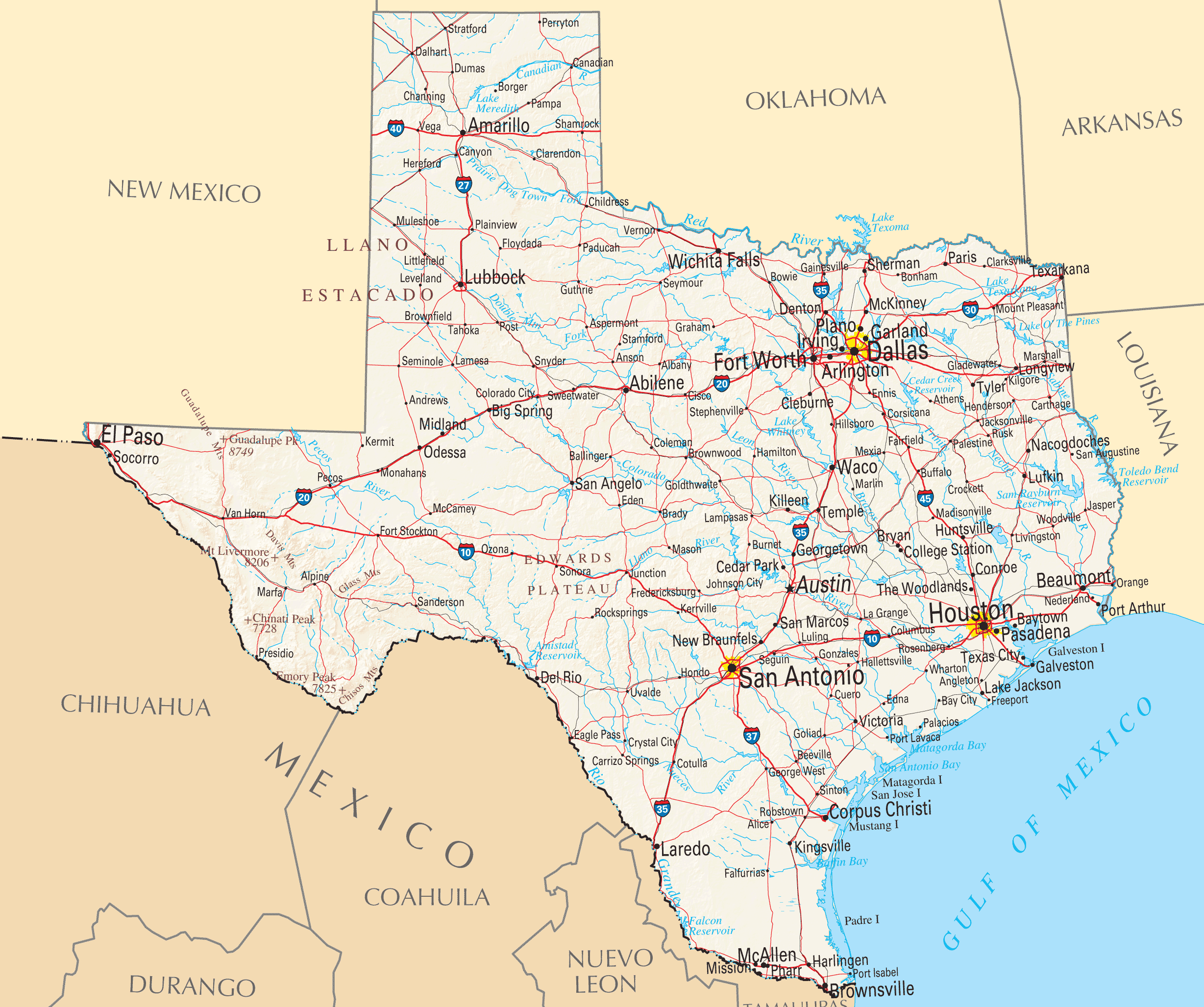 Map Of Texas Cities And Roads And Travel Information | Download Free - Map Of Texas Including Cities