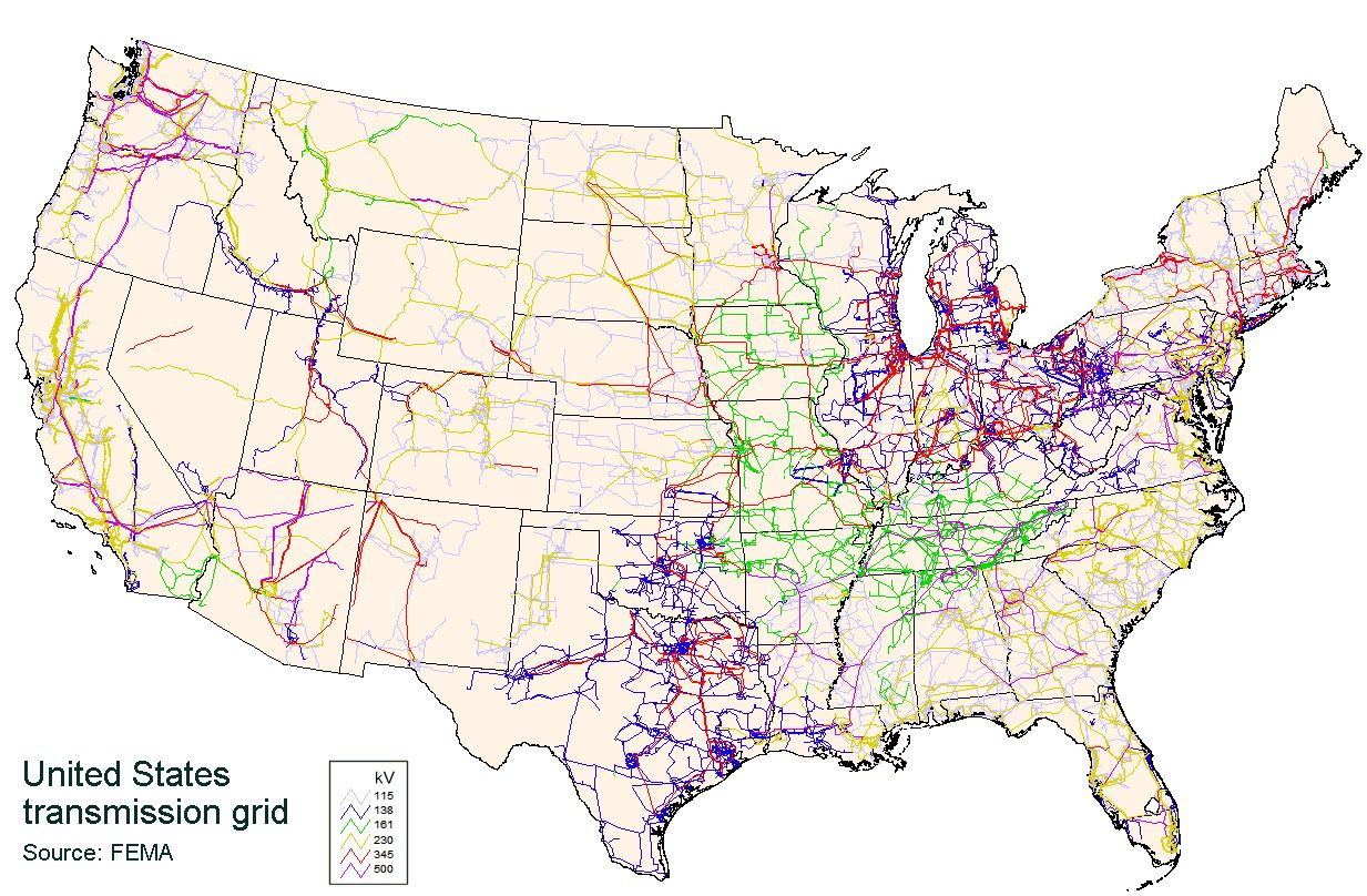 Map Of United States Of America Electricity Grid - United States Of - Electric Transmission Lines Map Texas