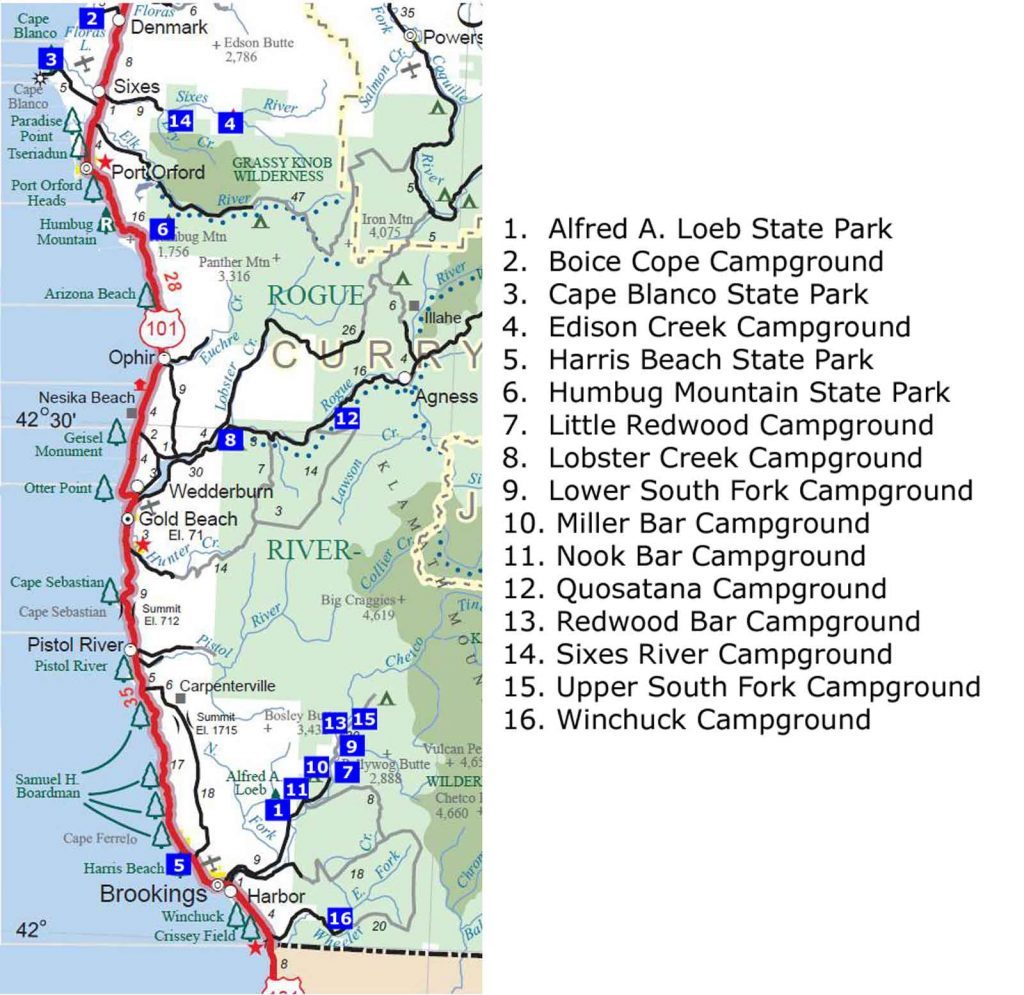 Map Oregon Washington Coast South Southern Area Campgrounds Digital