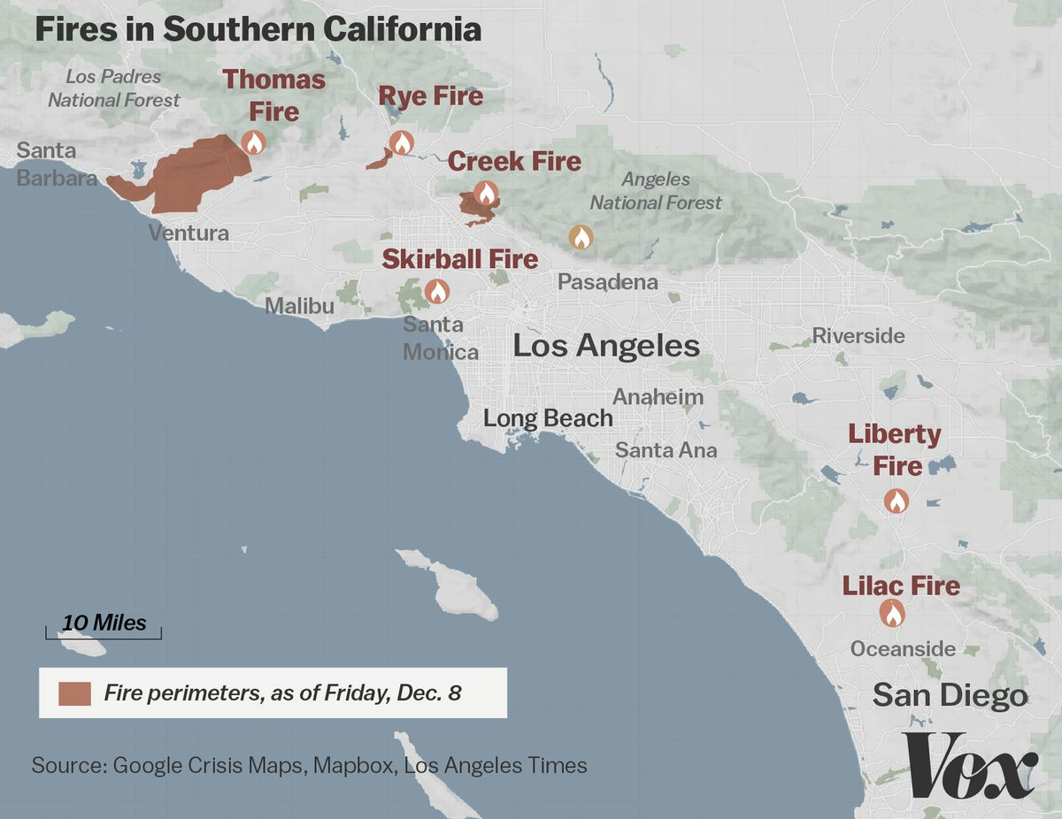 Map: Where Southern California&amp;#039;s Massive Blazes Are Burning - Vox - Fires In Southern California Today Map