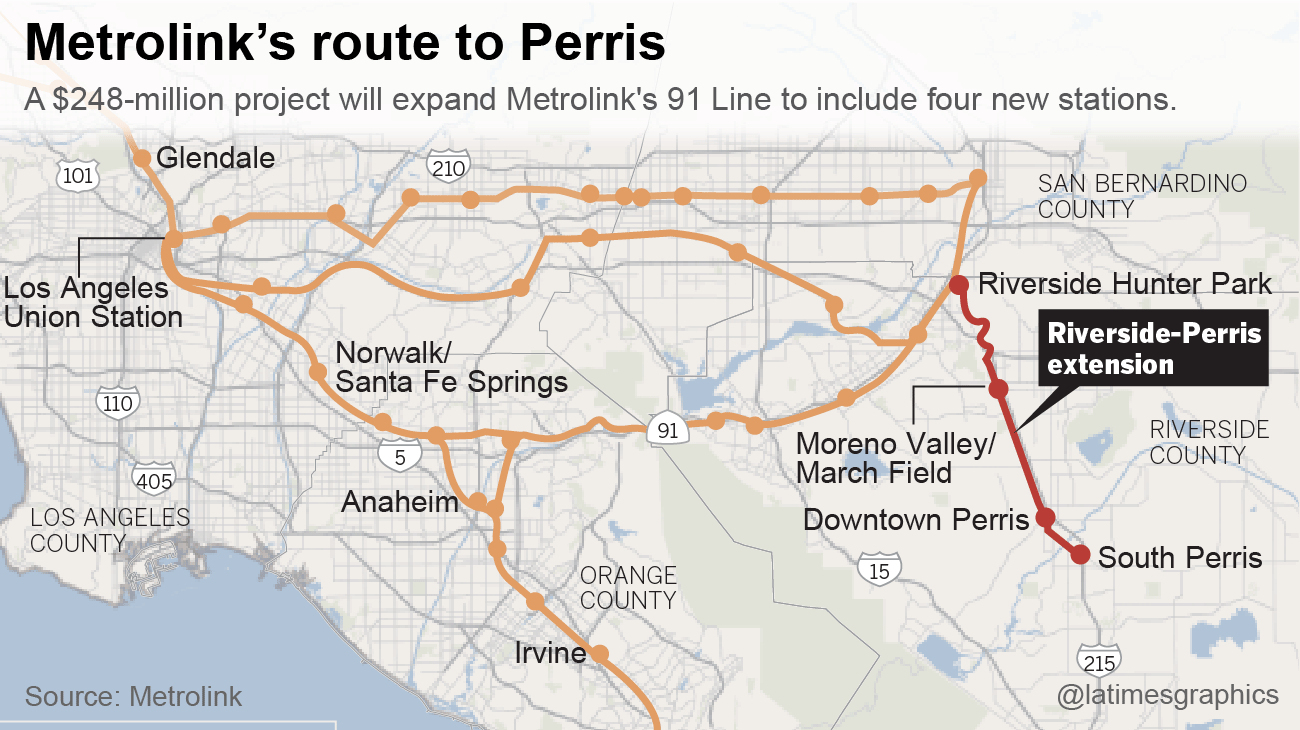 Metrolink Will Extend 91 Line To South Perris La Times In California - Perris California Map