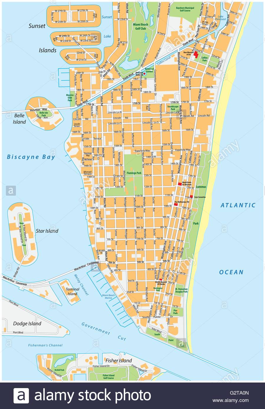 Miami Beach Detailed Vector Street Map With Names, Florida Stock - Street Map Of Miami Florida