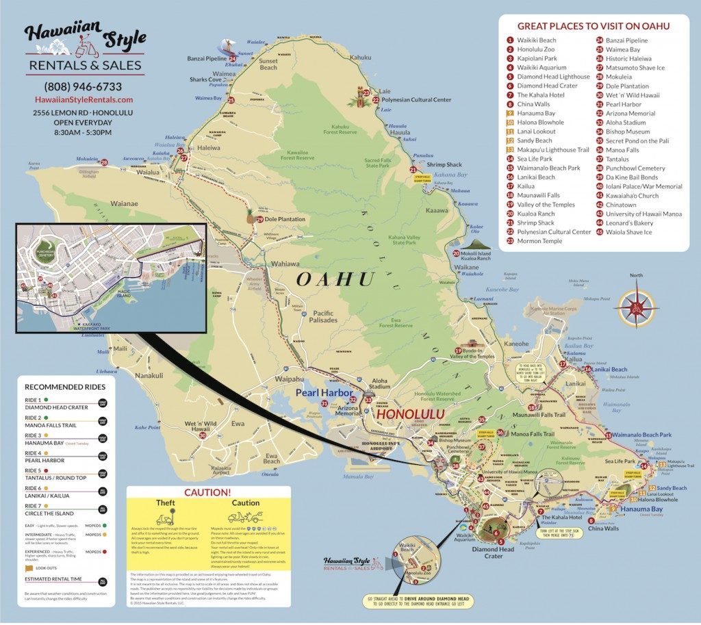 Oahu Moped Map Hawaii Moped Scooter Rental Tour Map Oahu Map Printable 1024x913 