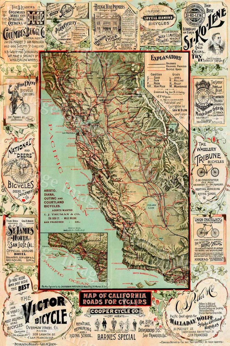 Old California Map California Bicycle Map 1895 Vintage | Etsy - Vintage California Map