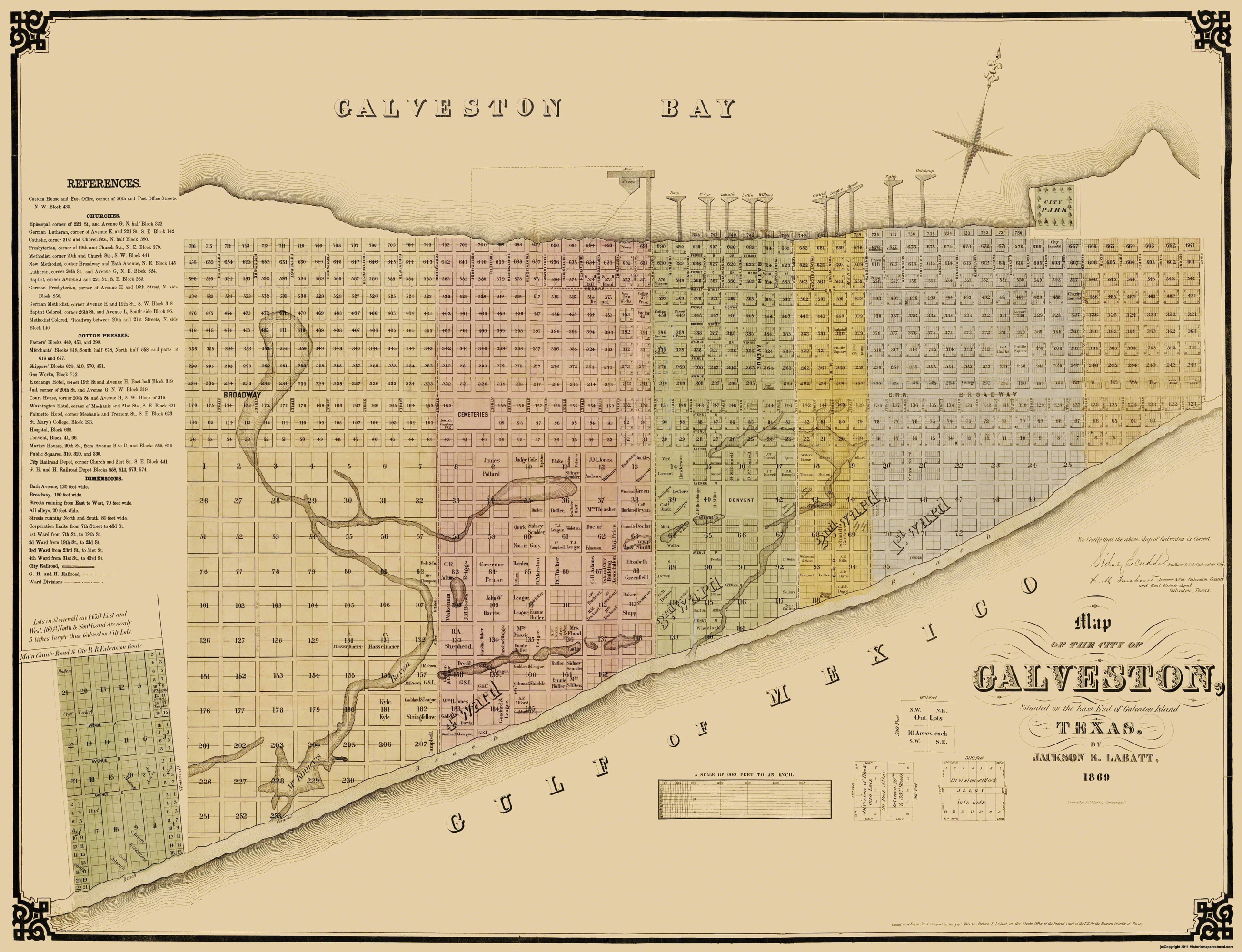 Old City Map - Galveston Texas Landowner - Labatt 1869 - Map Of Galveston Texas