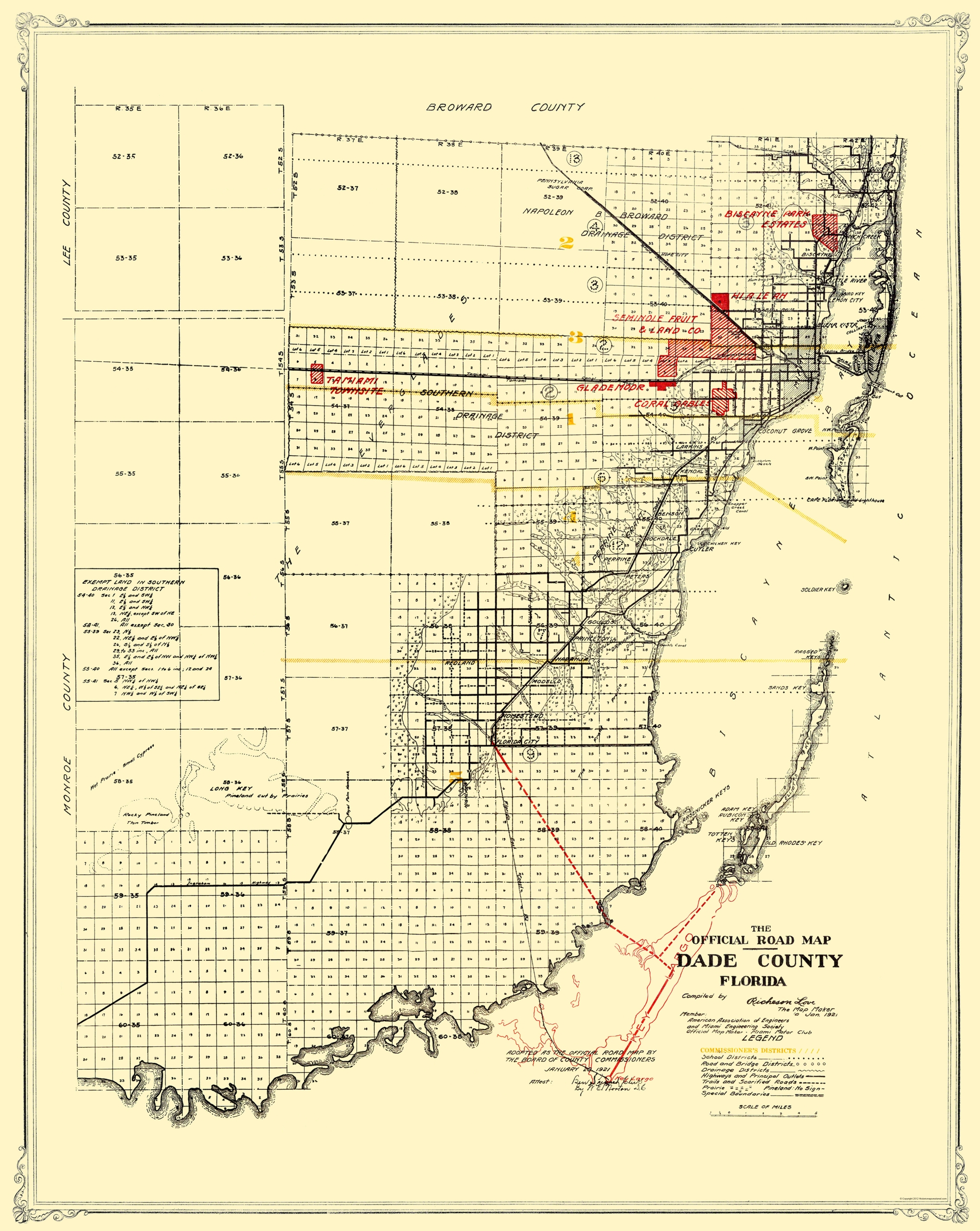 Old Map - Dade Florida Road - Miami Motor Club 1921 - Map Of Dade County Florida