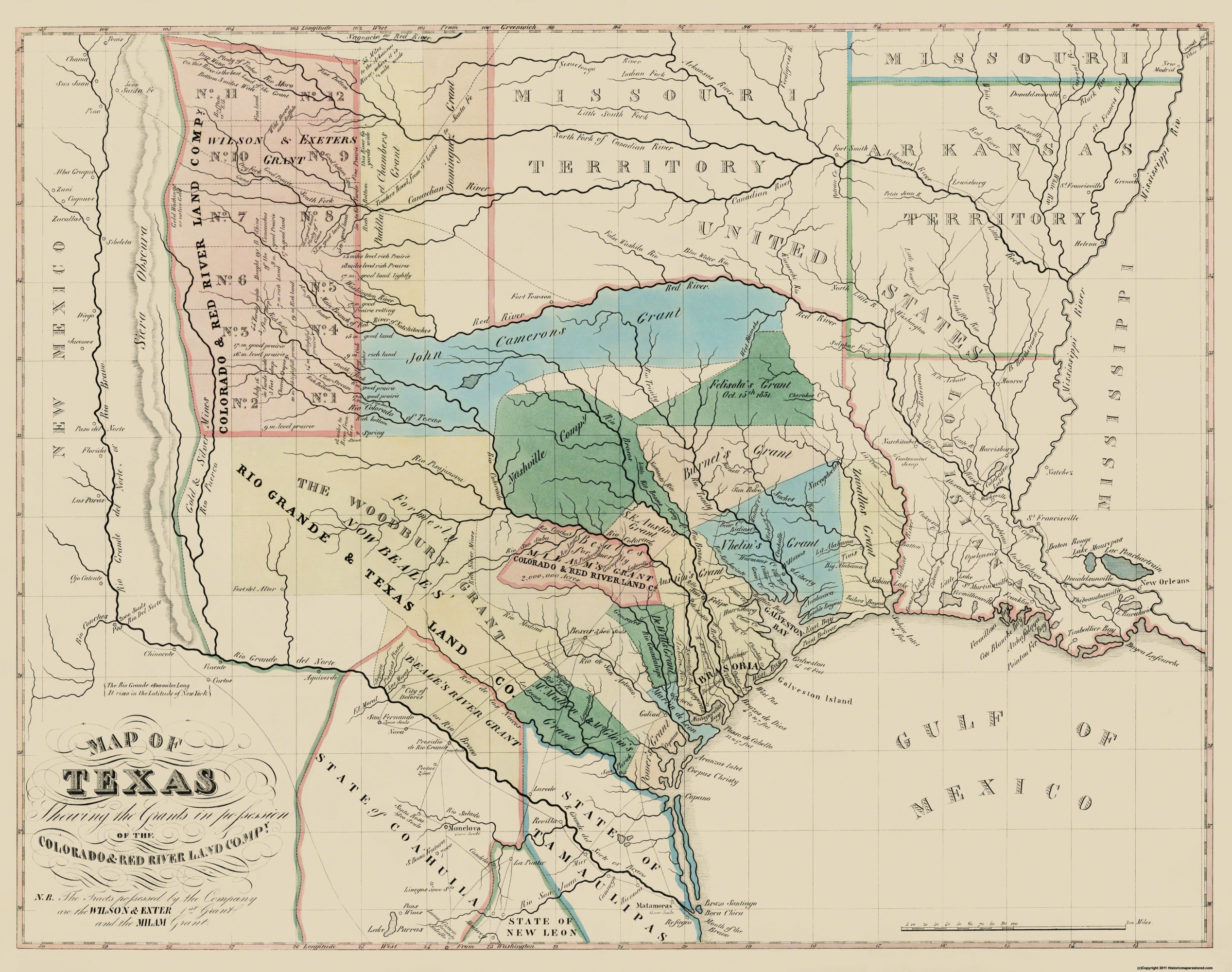 Old Map - Texas, Colorado, Red River Land Grants 1821 - Texas Land Grants Map