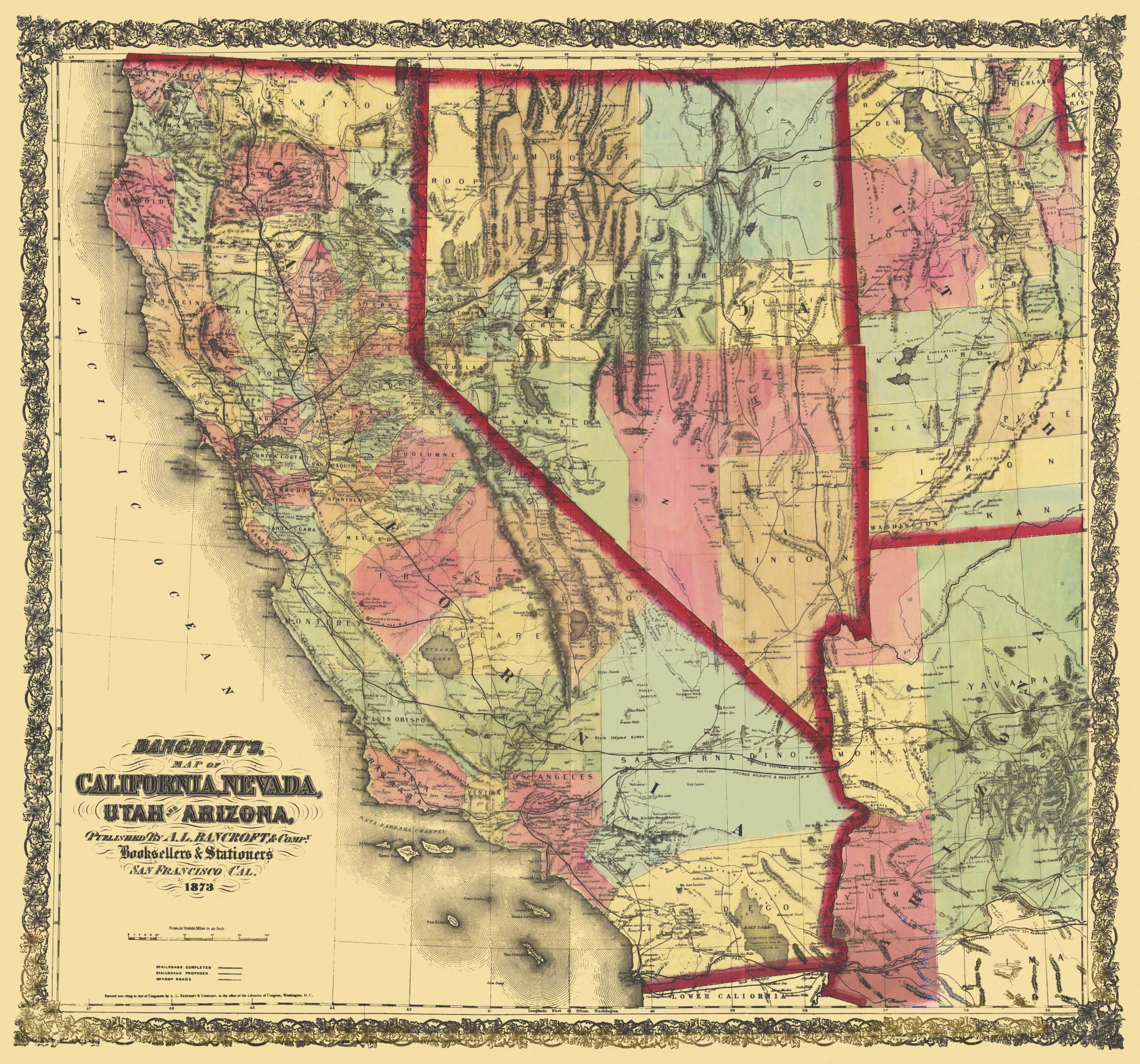 Old State Map - California, Nevada, Utah, Arizona 1873 - Map Of California And Nevada