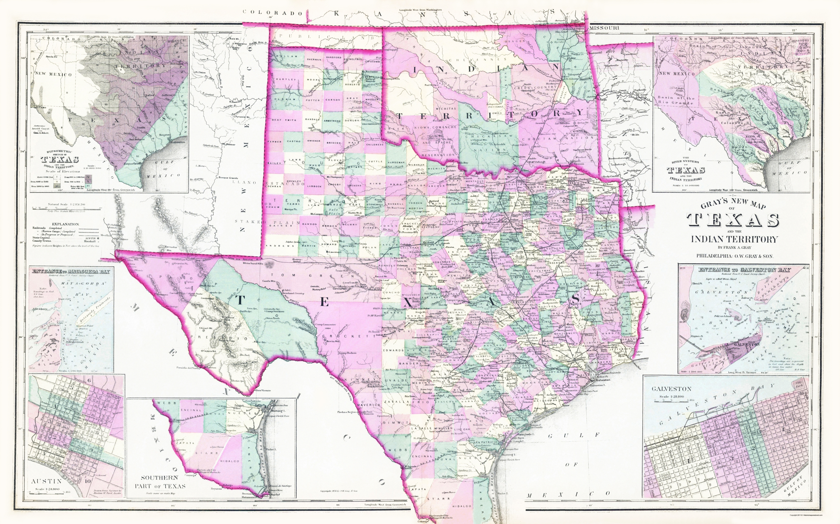Old State Map - Texas, Oklahoma Indian Territory 1876 - Map Of Oklahoma And Texas