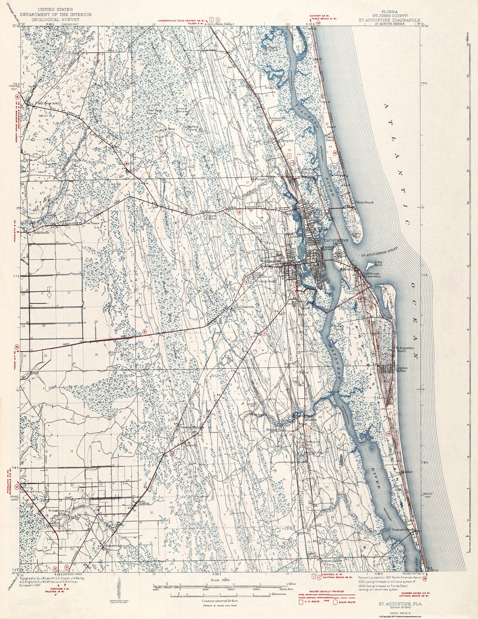 Old Topographical Map - St Augustine Florida 1943 - Map Of St Johns County Florida