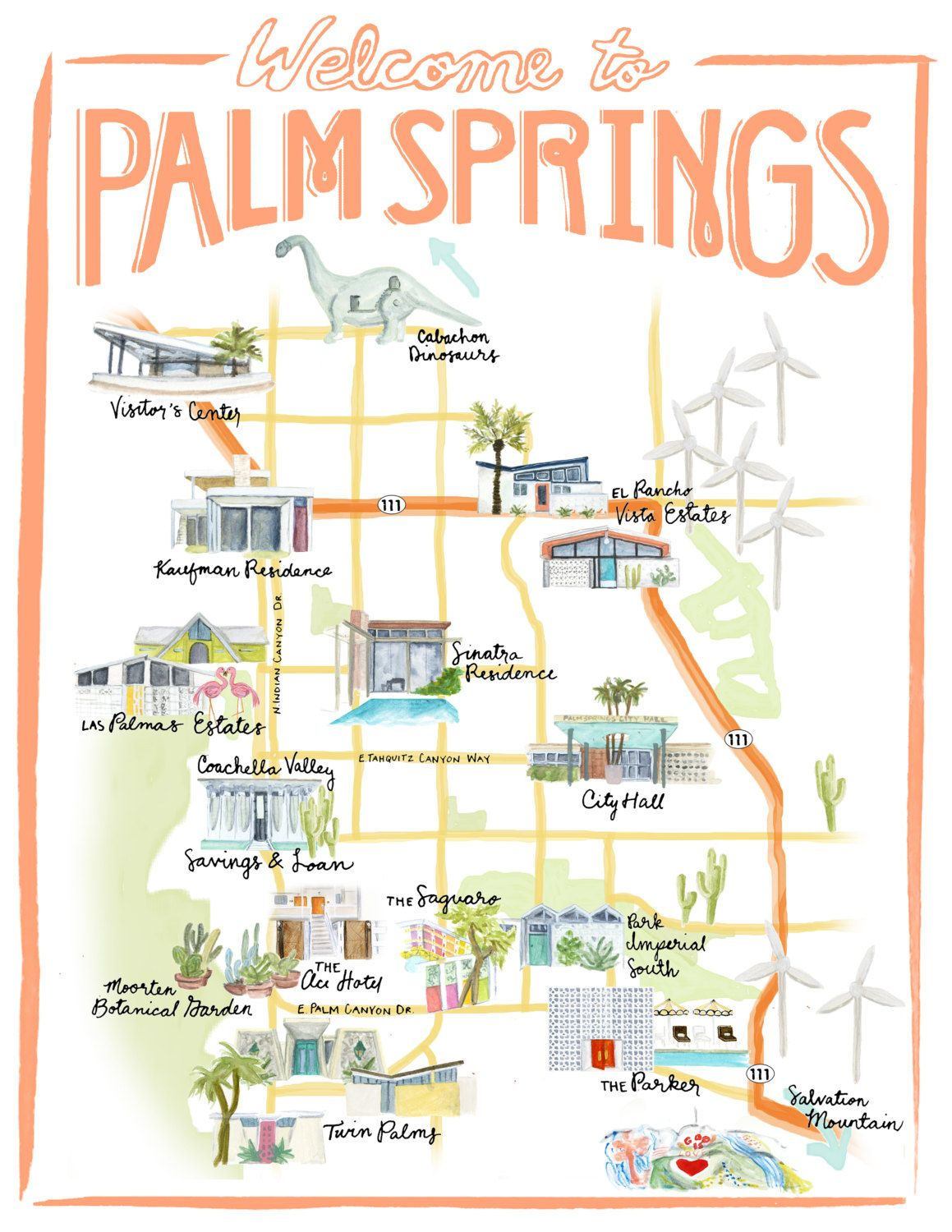 Palm Springs California Illustrated Travel Map Print Of Watercolor - Palm Springs California Map