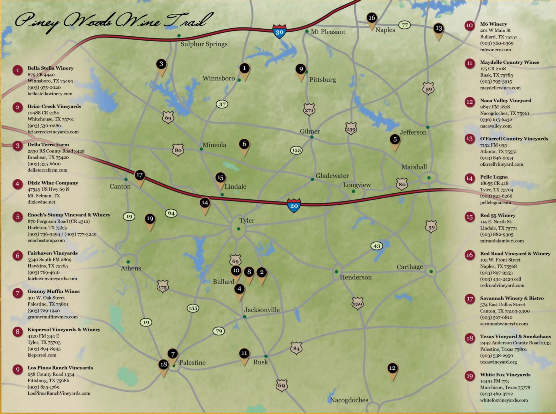 Piney Woods Wine Trail | Texas Uncorked - Texas Hill Country Wine Trail Map