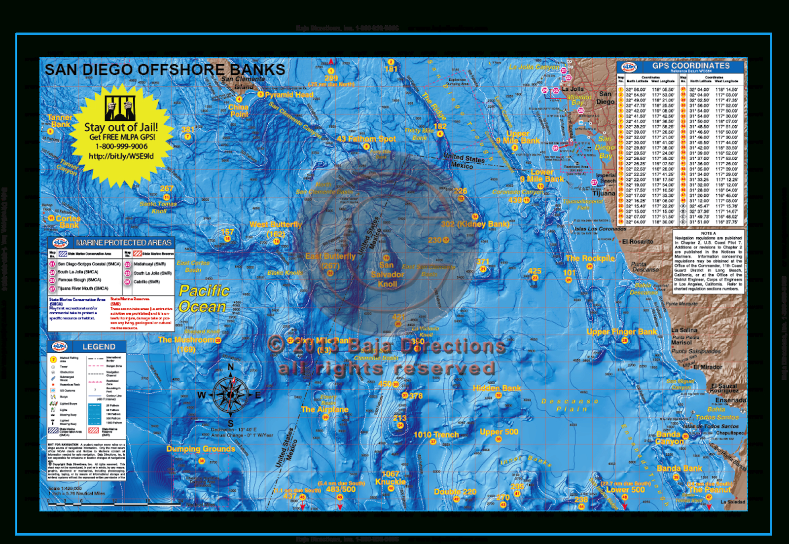 San Diego Offshore Banks - Baja Directions - California Ocean Fishing Map
