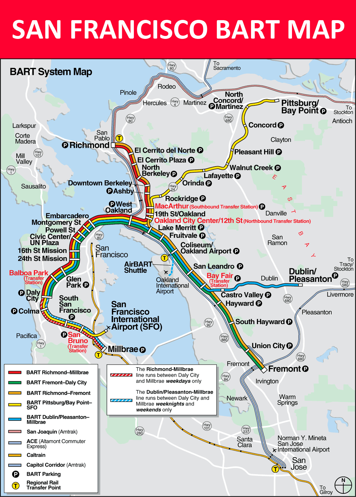 San Francisco Bart Map 2018 - Lines, Service, Times, Fares - Map Of Dublin California Area