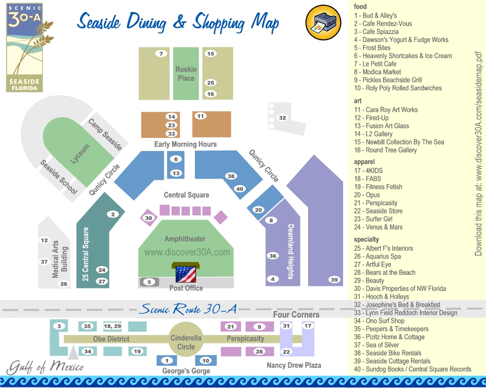 Seaside Dining And Shopping Map | Discover 30A Florida - Map Of Seaside Florida Area