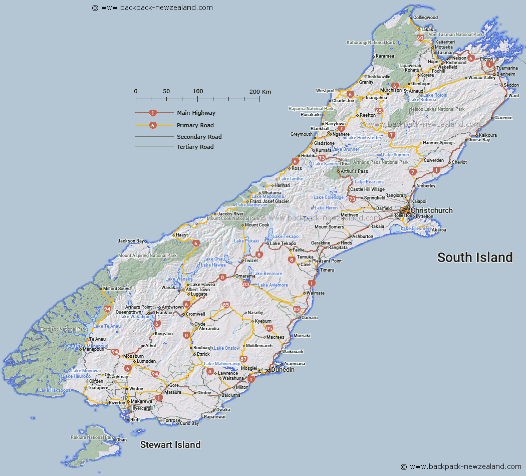 South Island Map - New Zealand Road Maps - New Zealand South Island Map Printable