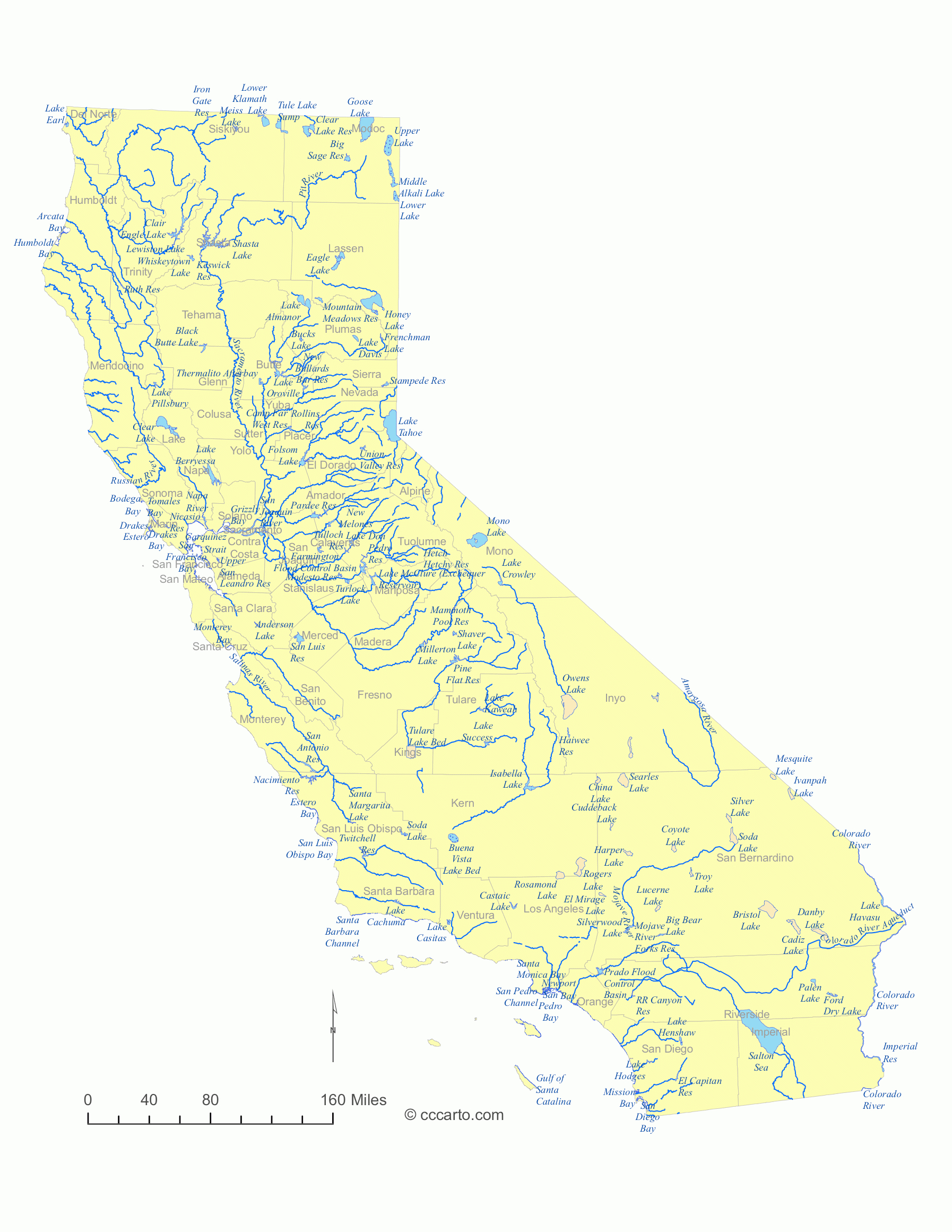 State Of California Water Feature Map And List Of County Lakes - Lakes In California Map