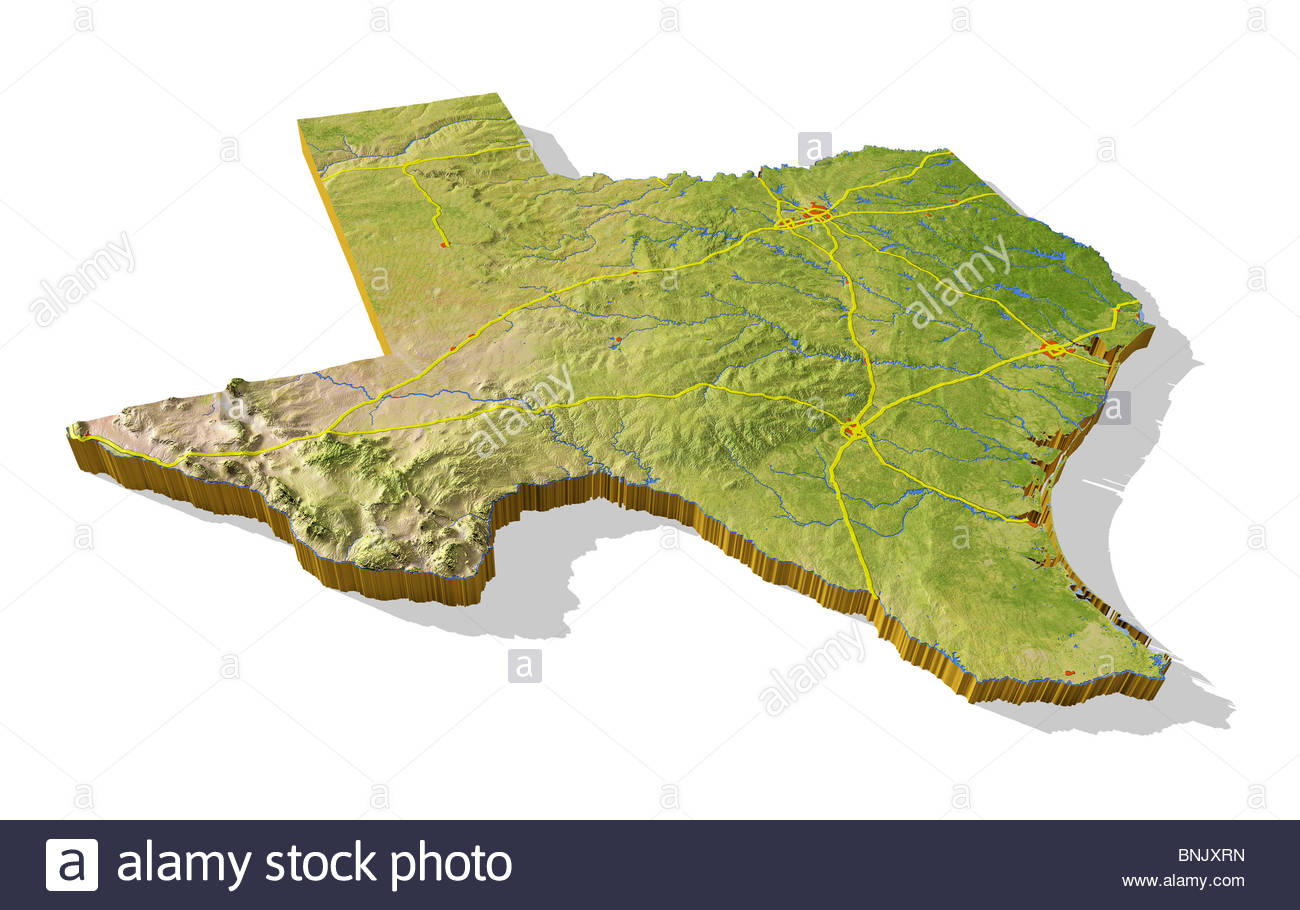 Texas, 3D Relief Map Cut-Out With Urban Areas And Interstate Stock - 3D Topographic Map Of Texas