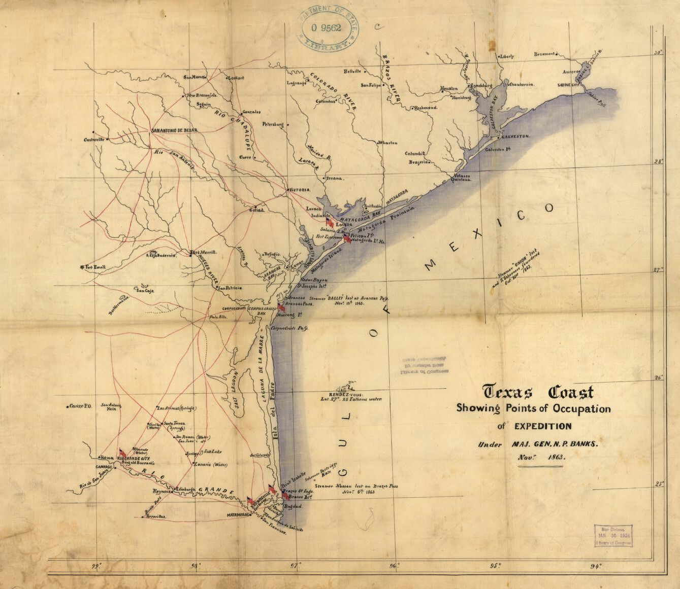 Texas Coast Showing Points Of Occupation Of Expedition Under Maj - Texas Gulf Coast Shipwrecks Map