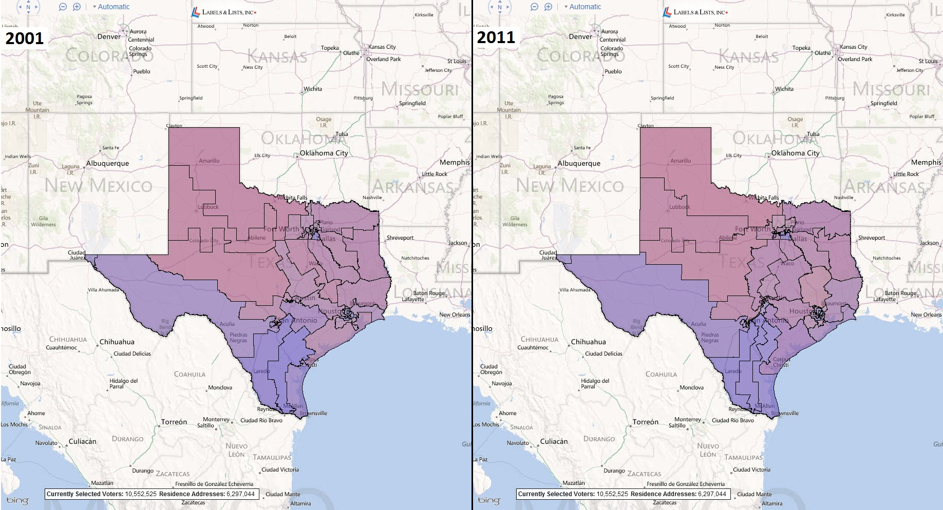 Texas Congressional Districts: Comparison 2001-2011 - Texas Congressional District Map