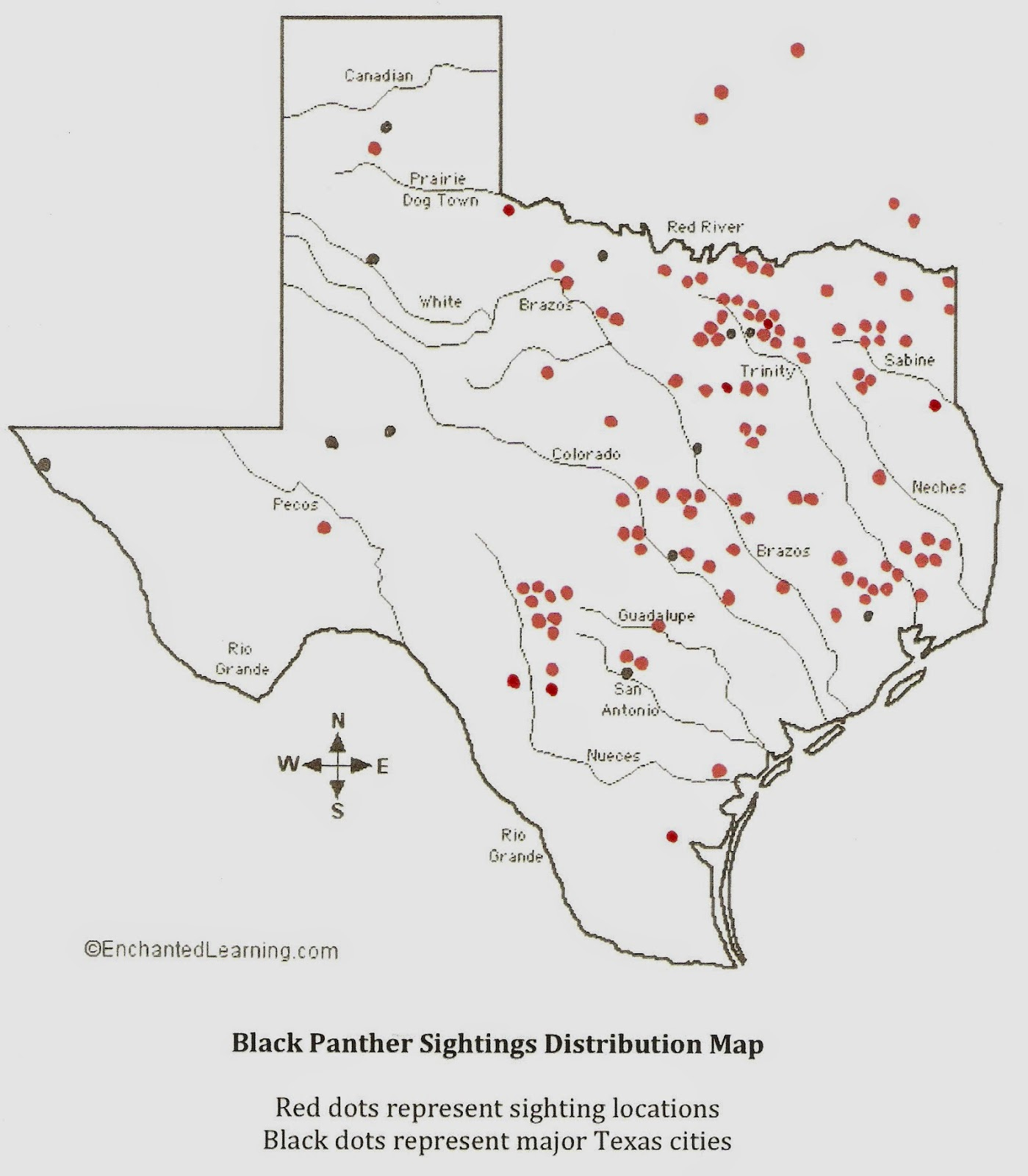 Texas Cryptid Hunter: Updated Black Panther Distribution Map - Texas Waterways Map