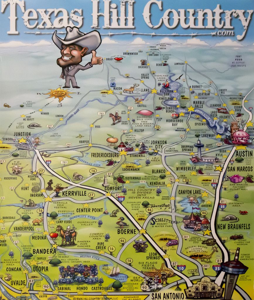 Texas Hill Country Caricature Map Poster | Texas | Pinterest - Texas Map Poster