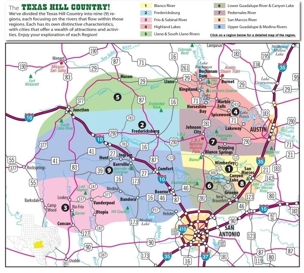 Texas Hill Country Map With Cities &amp;amp; Regions · Hill-Country-Visitor - Driving Map Of Texas Hill Country