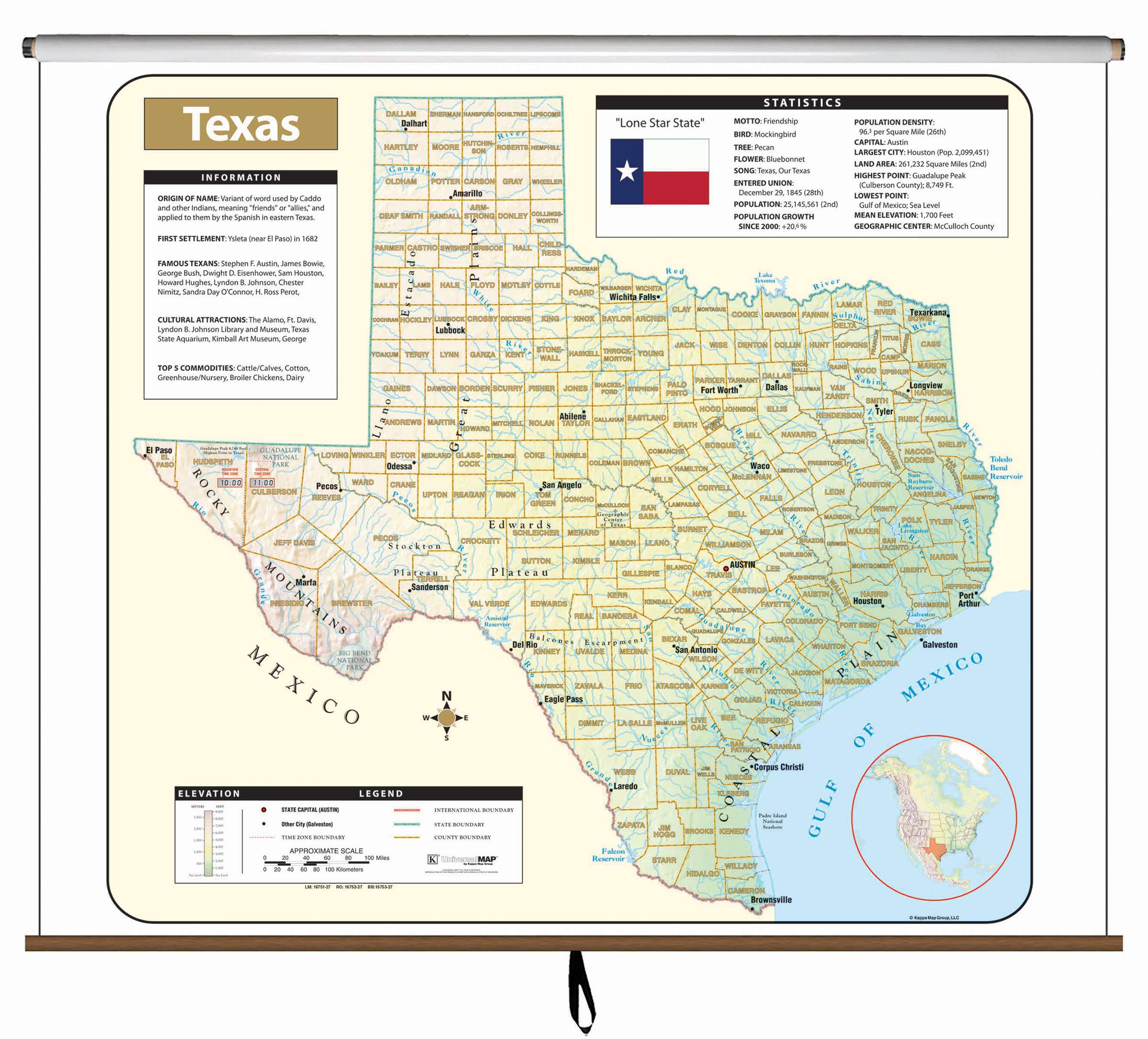 Texas Large Scale Shaded Relief Wall Map On Roller – Kappa Map Group - Texas Wall Map