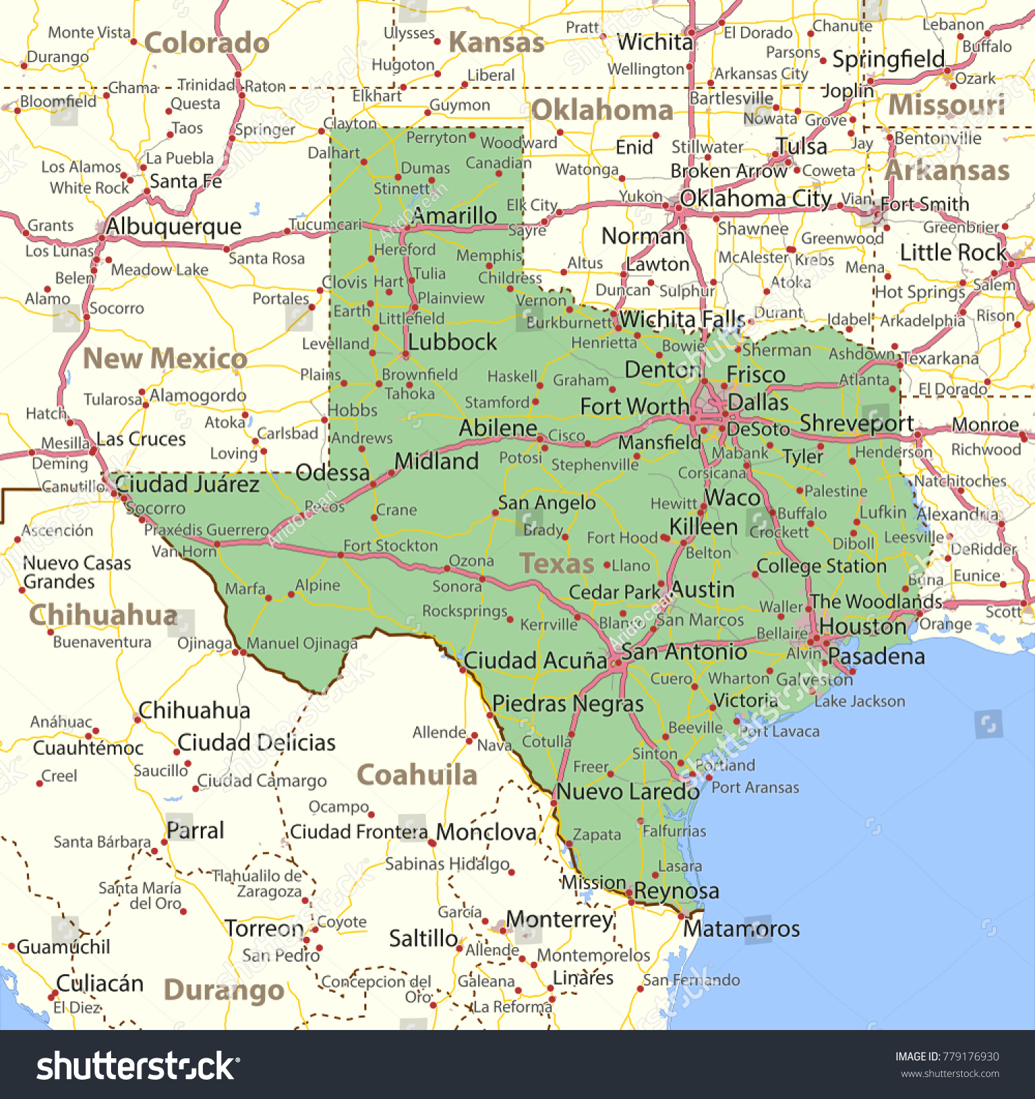 Texas Map Shows State Borders Urban Image Vectorielle De Stock - Fort Hood Texas Map