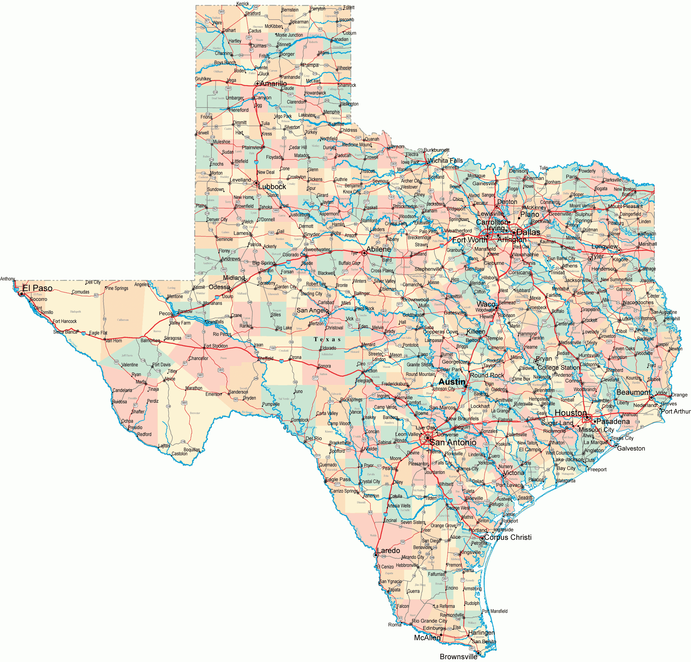 Texas Road Map - Tx Road Map - Texas Highway Map - Detailed Road Map Of Texas